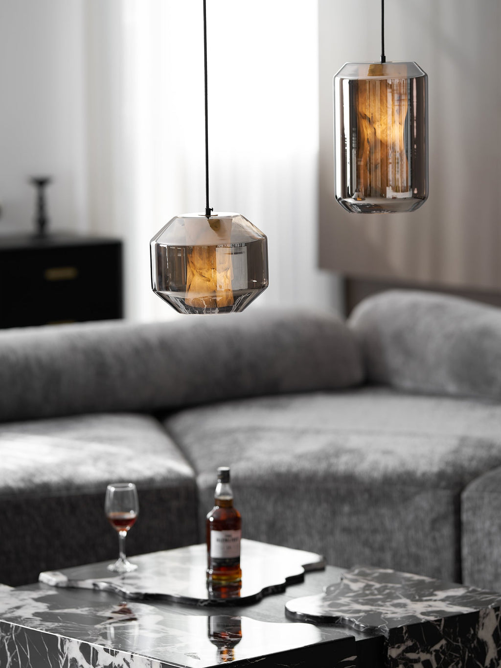 Suspension moderne Ludlow en Albâtre, verre Transparent et blanc