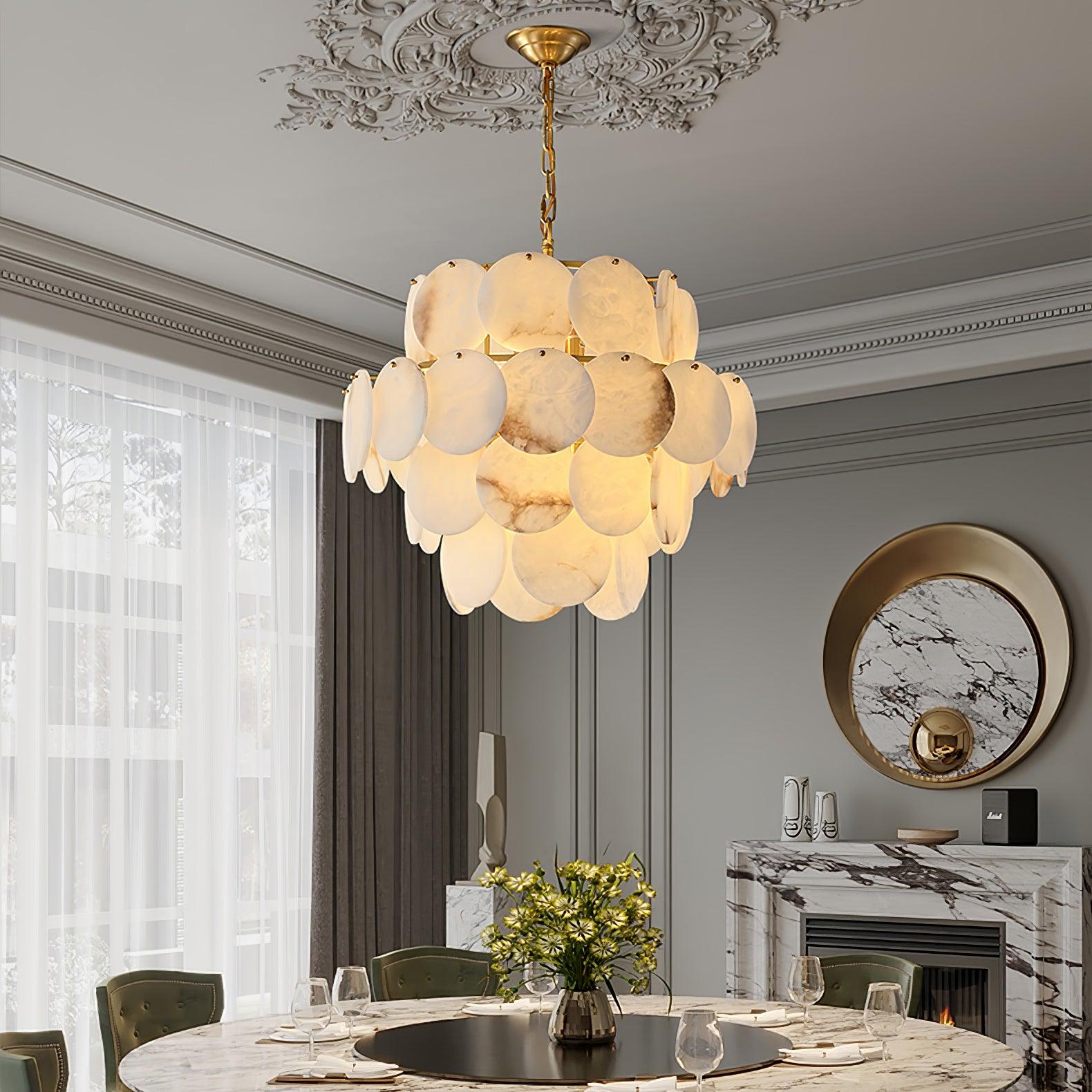 Lustre moderne Pearce en Albâtre Laiton et blanc