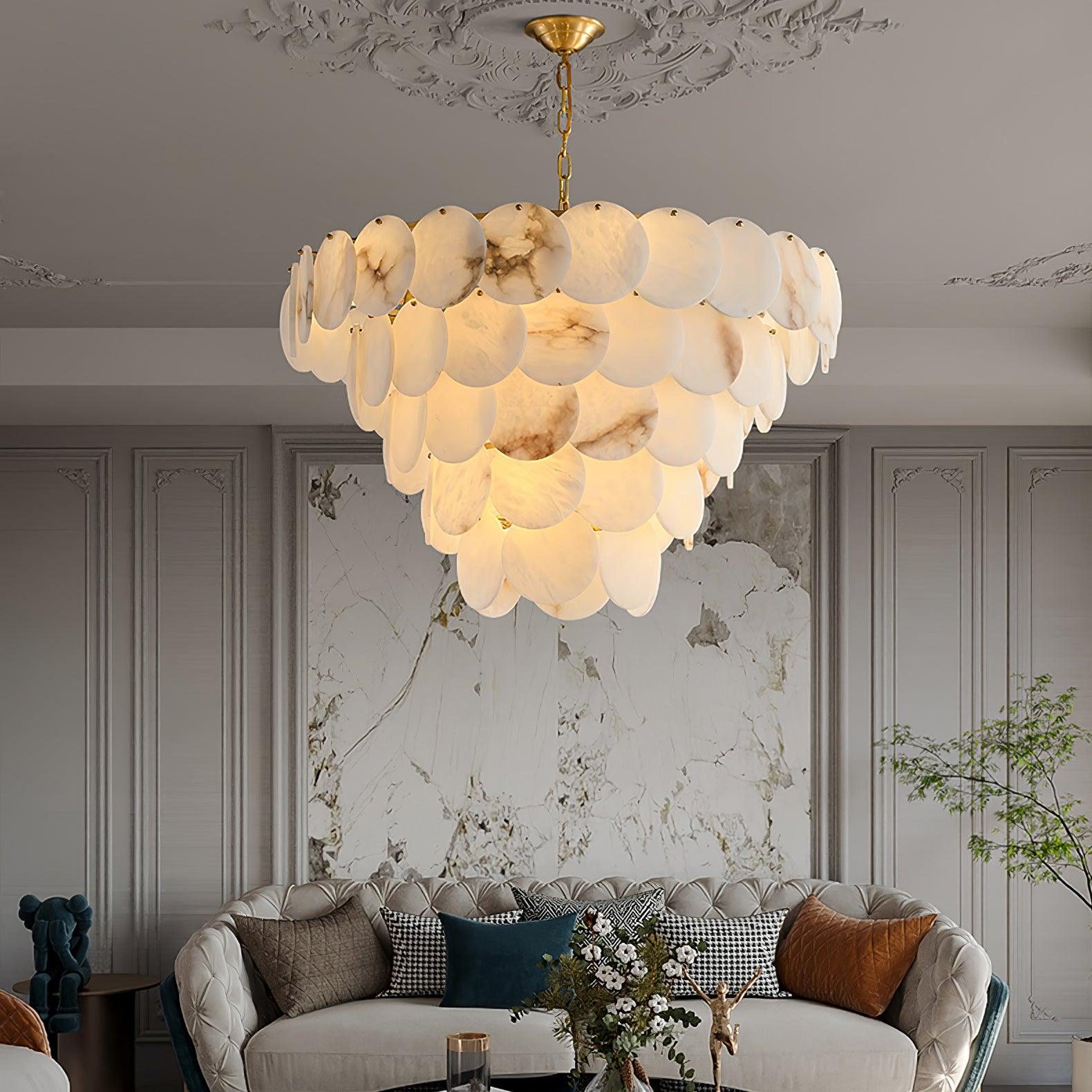 Lustre moderne Pearce en Albâtre Laiton et blanc