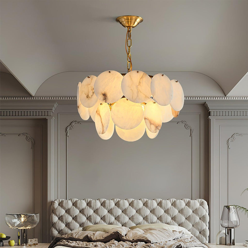 Lustre moderne Pearce en Albâtre Laiton et blanc
