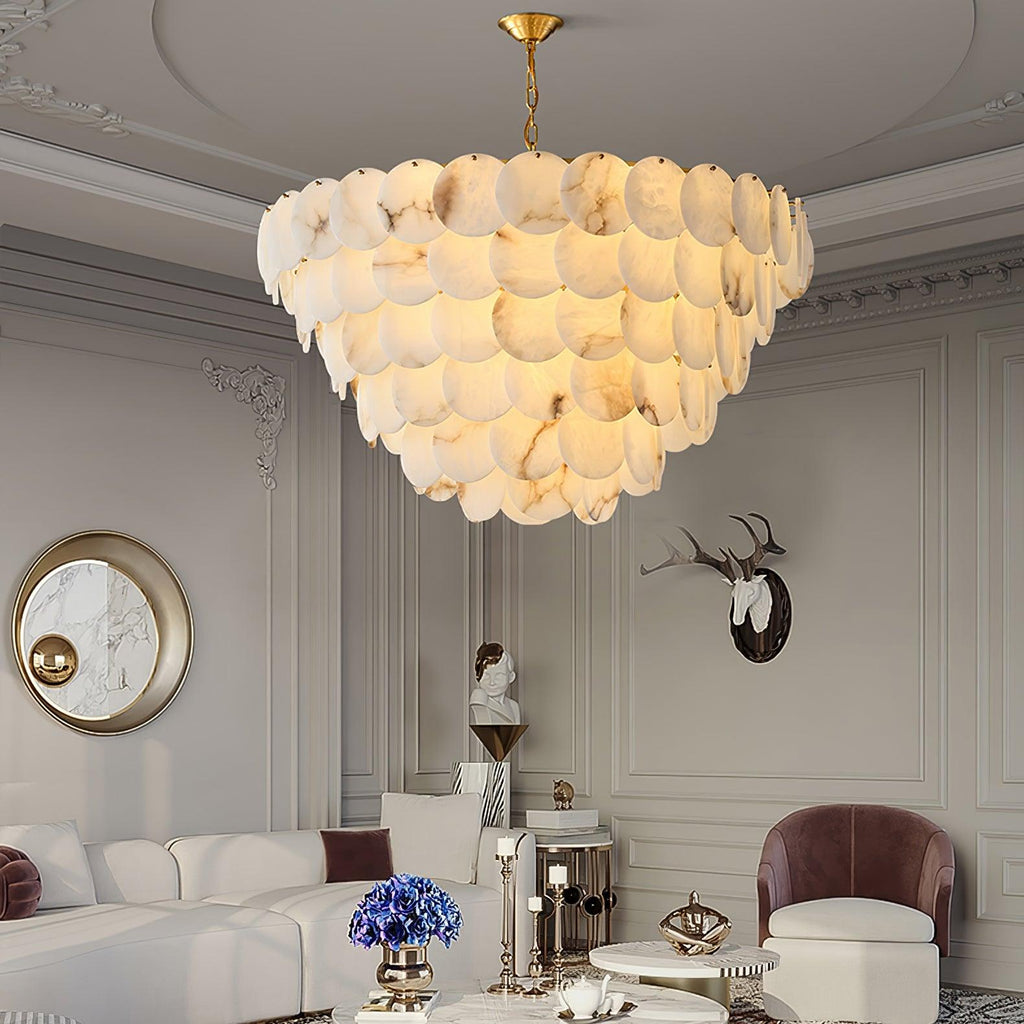 Lustre moderne Pearce en Albâtre Laiton et blanc