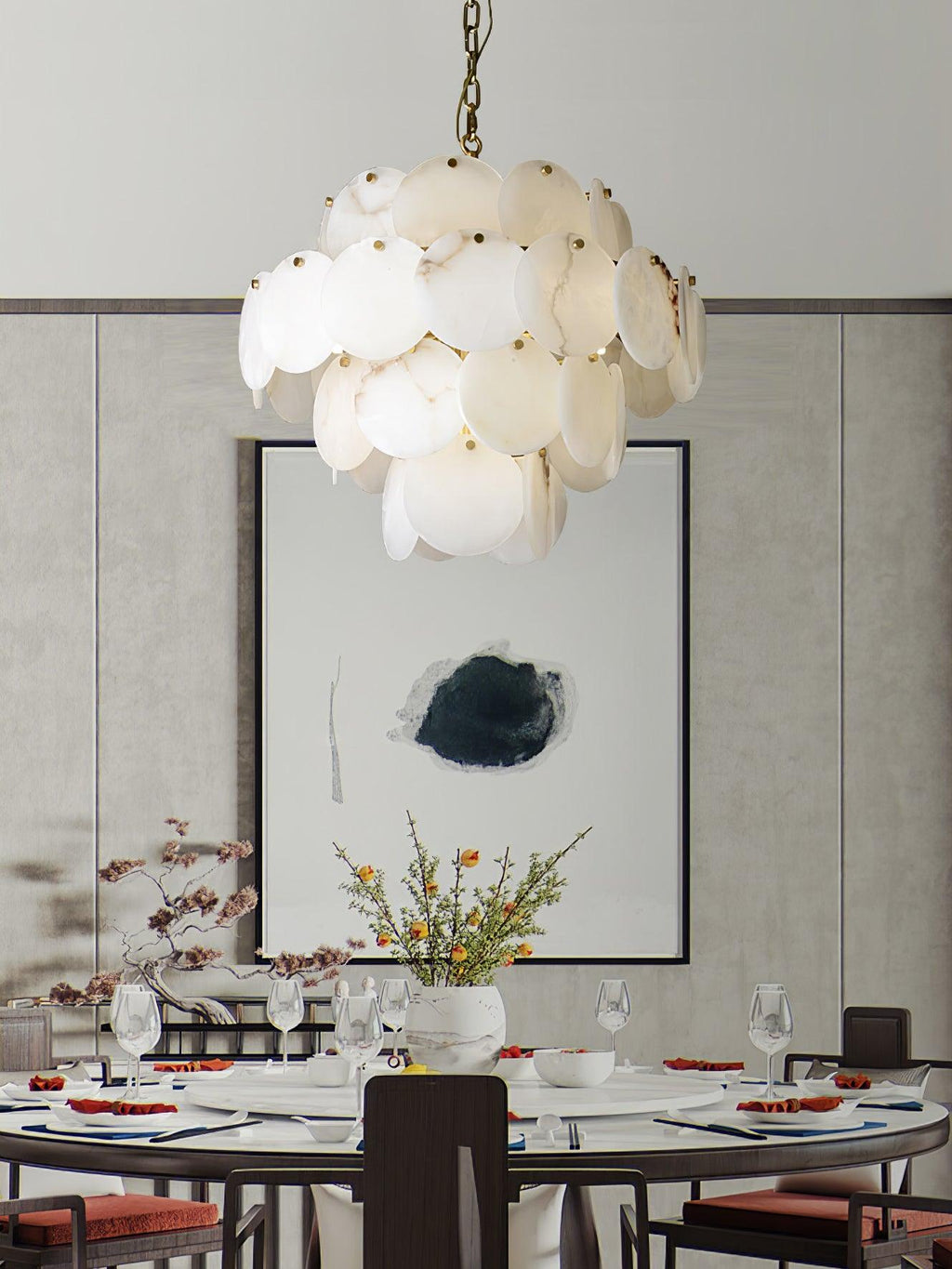 Lustre moderne Pearce en Albâtre Laiton et blanc