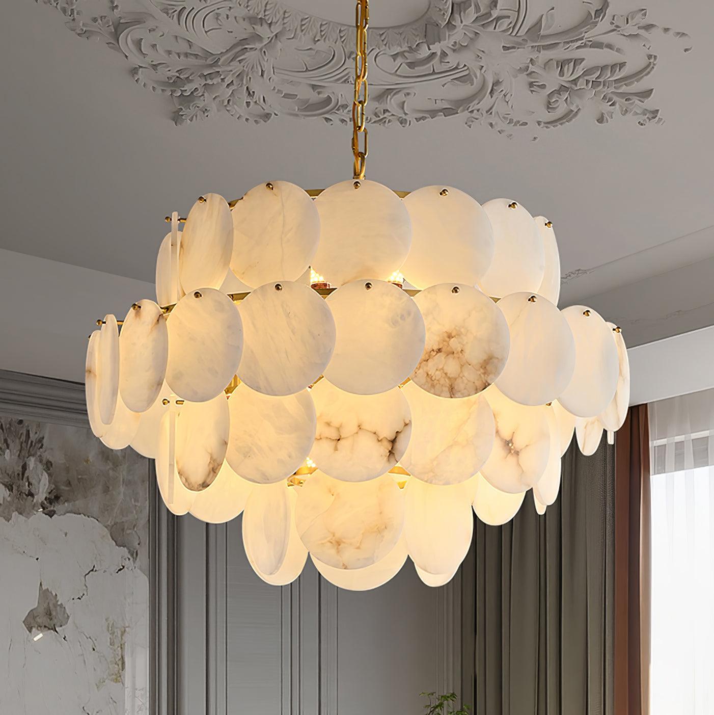 Lustre moderne Pearce en Albâtre Laiton et blanc