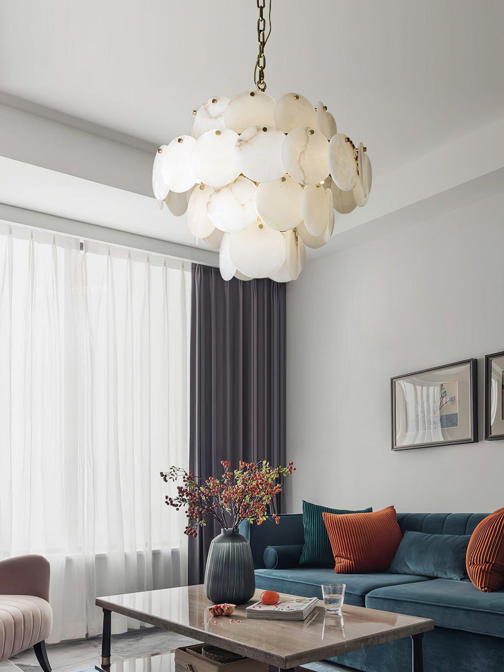 Lustre moderne Pearce en Albâtre Laiton et blanc