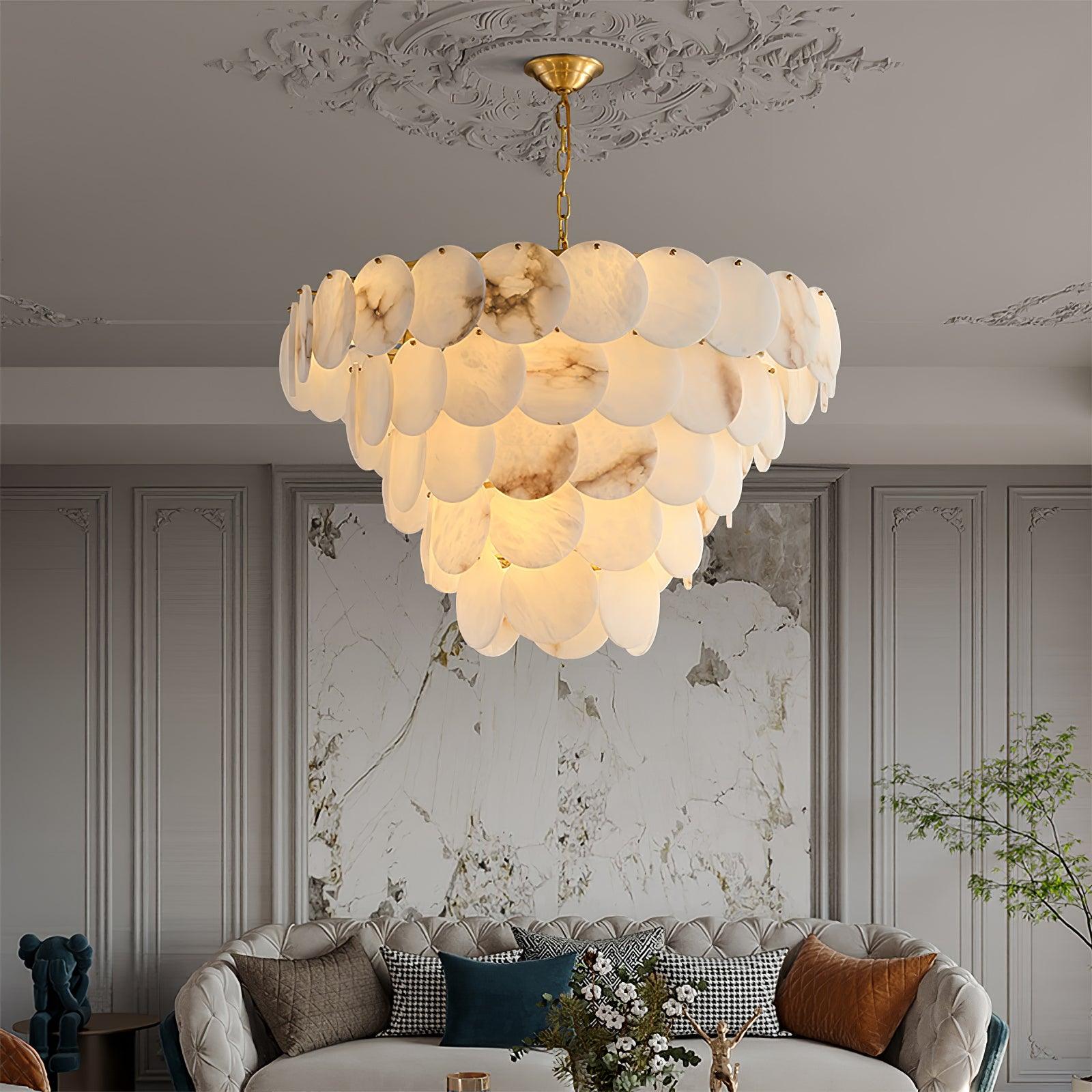 Lustre moderne Pearce en Albâtre Laiton et blanc