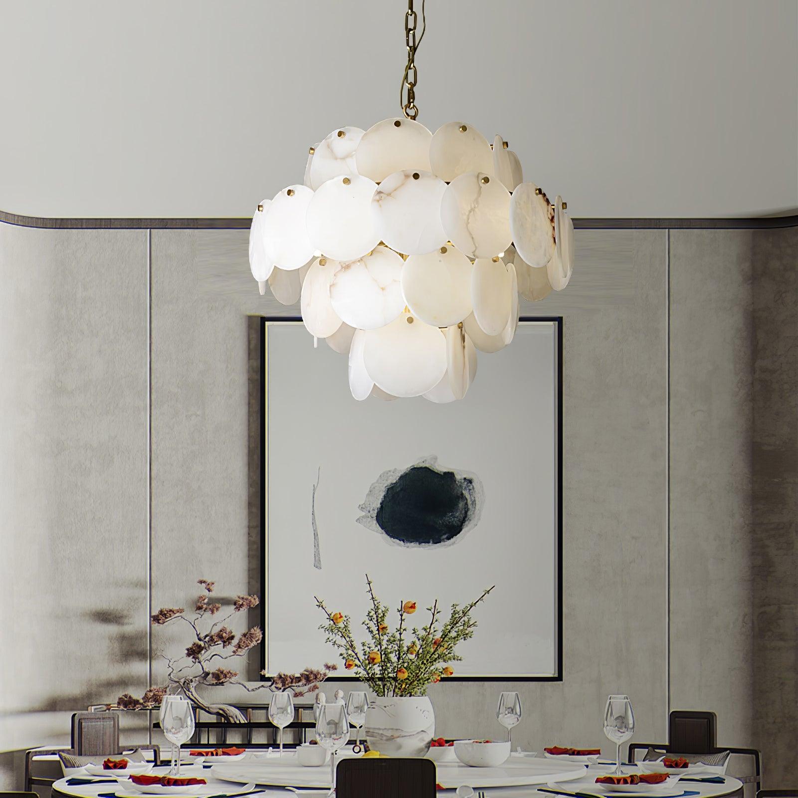 Lustre moderne Pearce en Albâtre Laiton et blanc