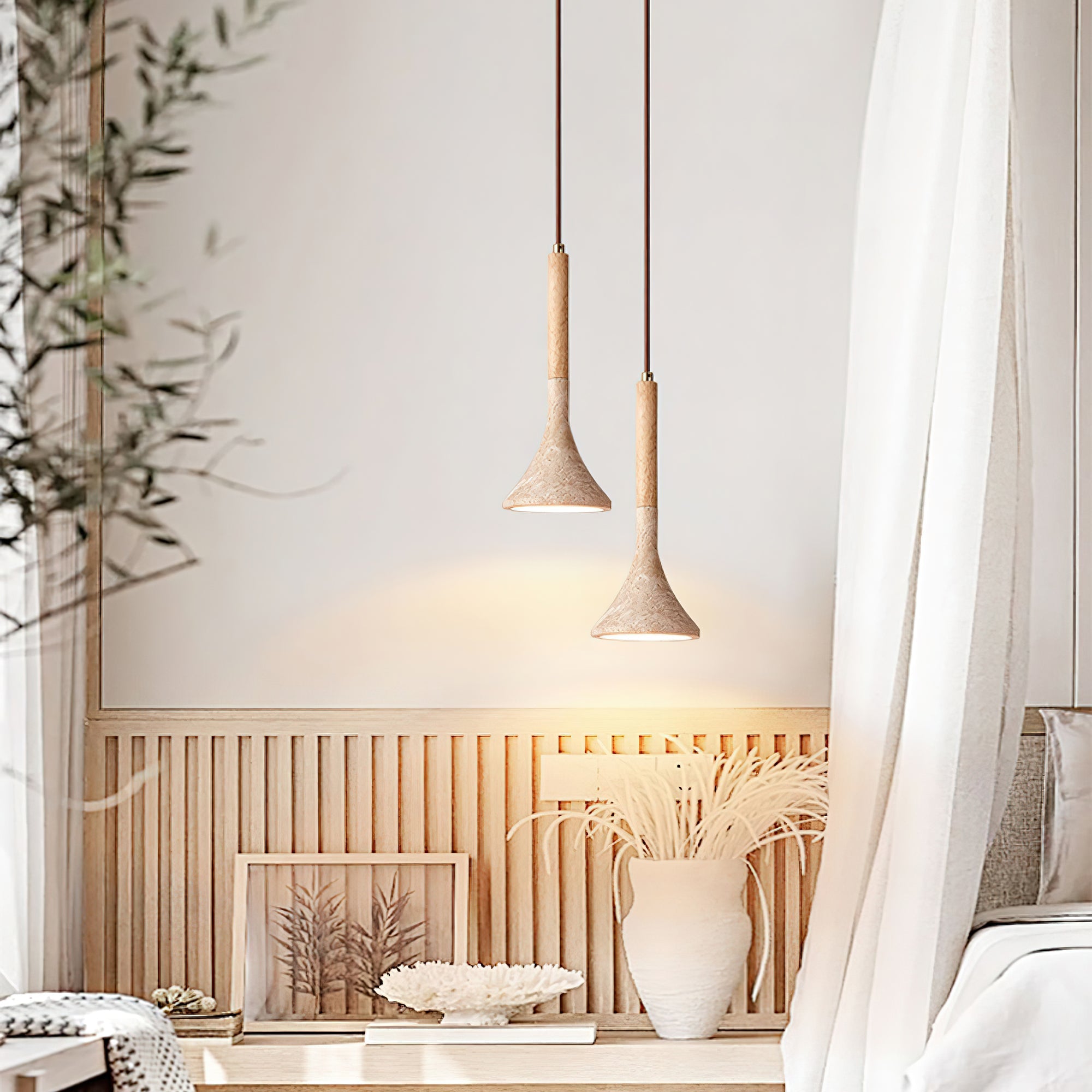 Suspension moderne Percival en Bois et travertin jaune