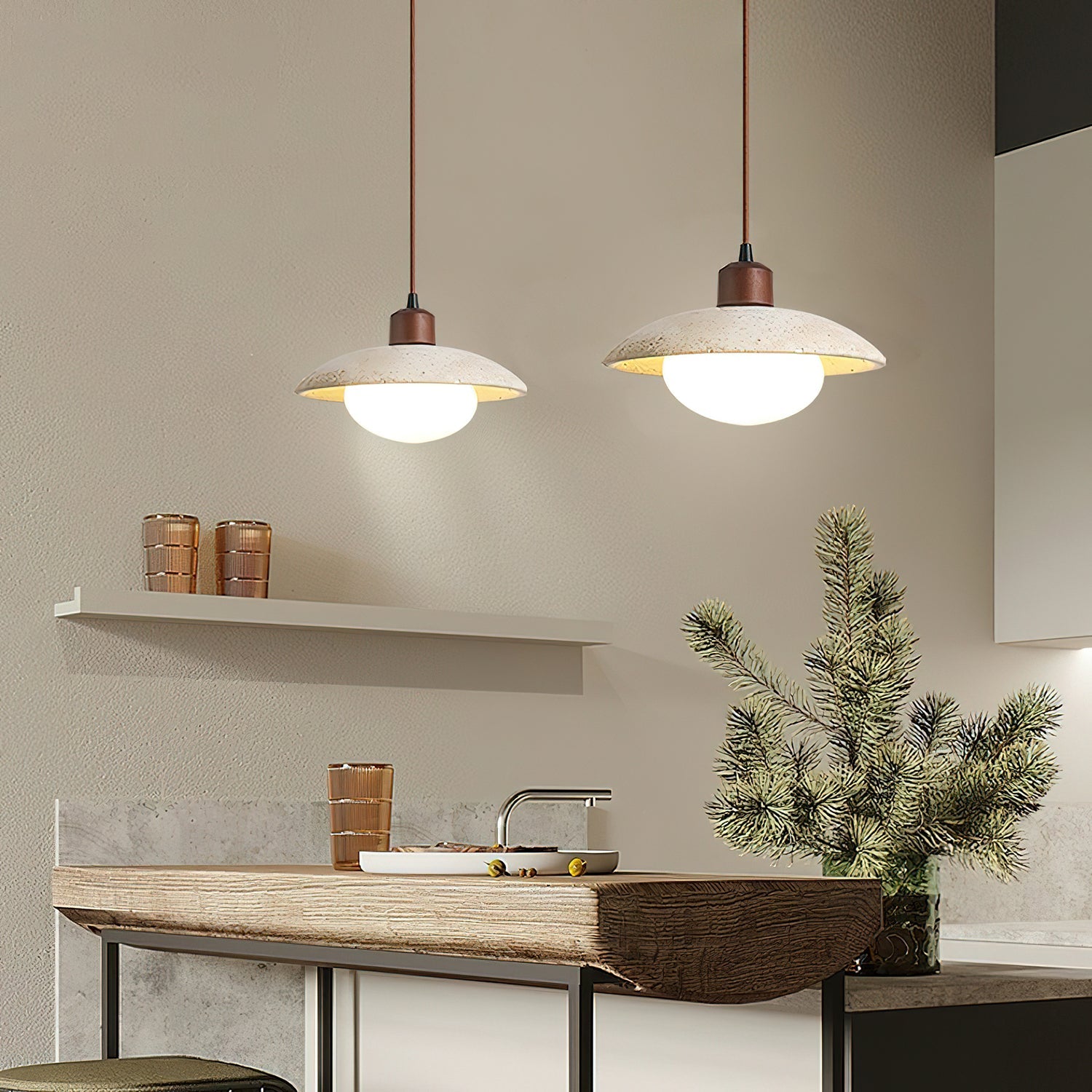 Suspension moderne Damek en Noyer et travertin jaune