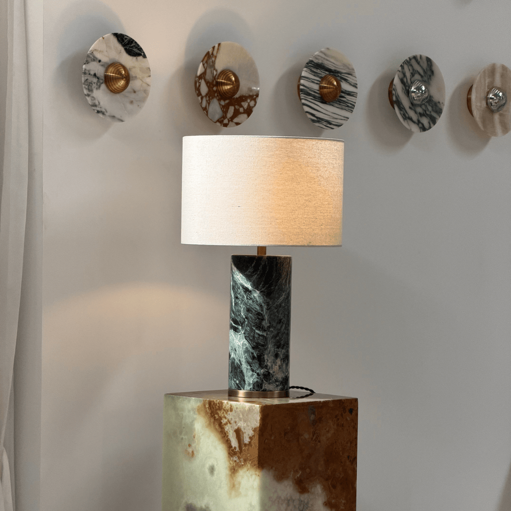 Lampe à poser moderne Hob en pierre, Travertin Vert marbre et beige