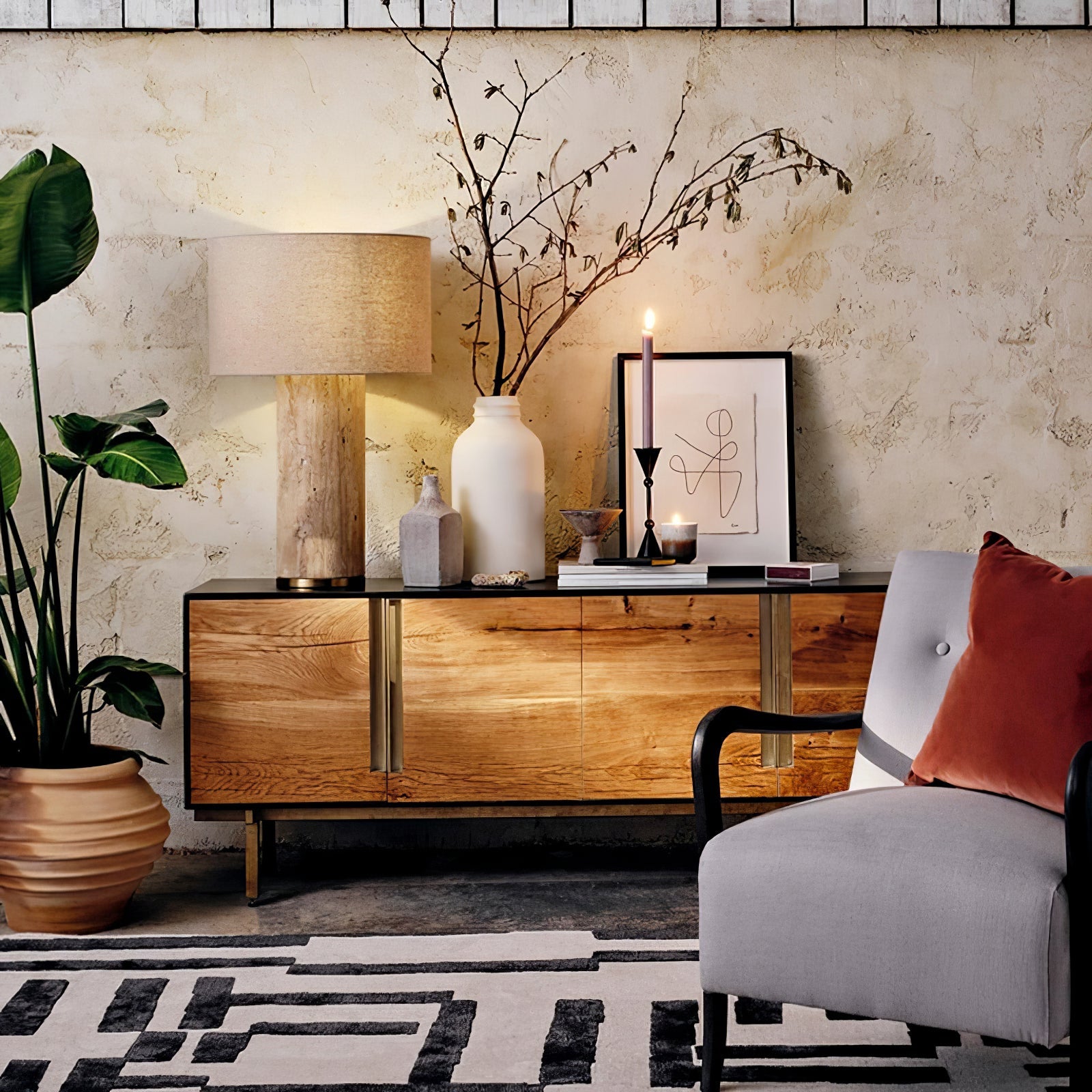Lampe à poser moderne Hob en pierre, Marbre Travertin jaune et beige