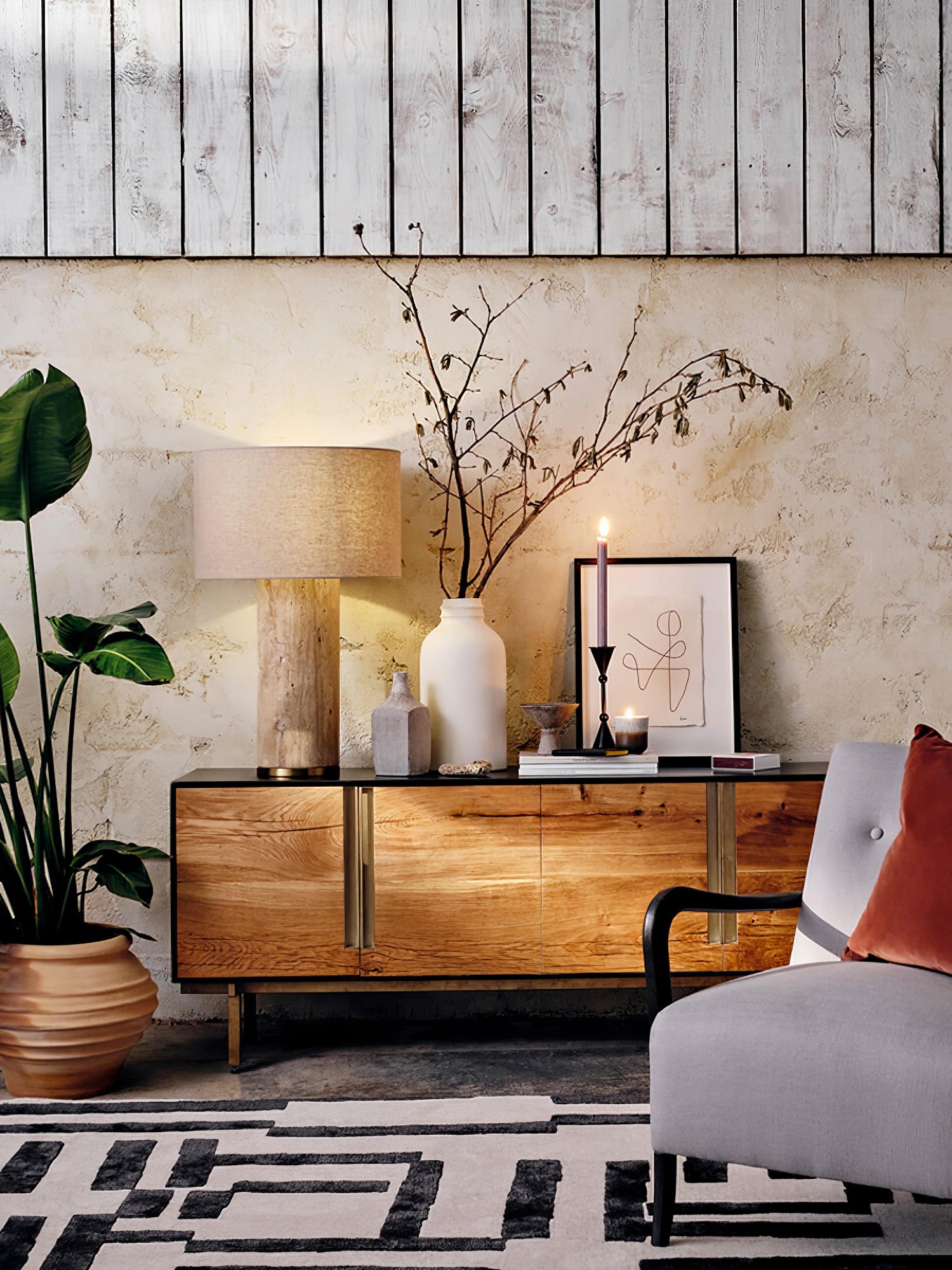 Lampe à poser moderne Hob en pierre, Travertin Vert marbre et beige