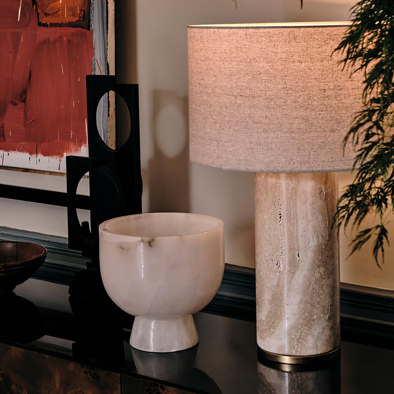 Lampe à poser moderne Hob en pierre, Marbre Travertin jaune et noir