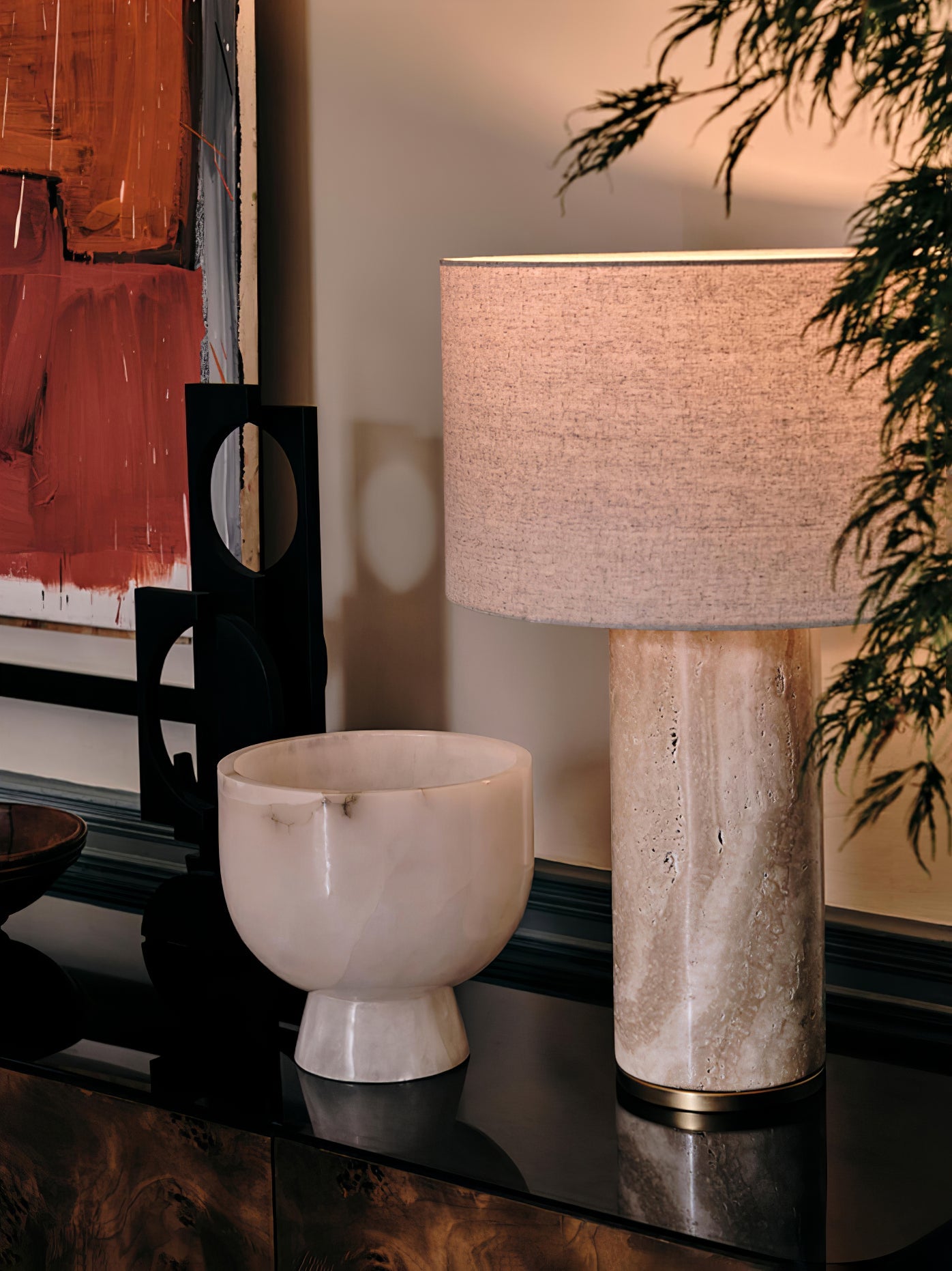Lampe à poser moderne Hob en pierre, Marbre Travertin jaune et beige