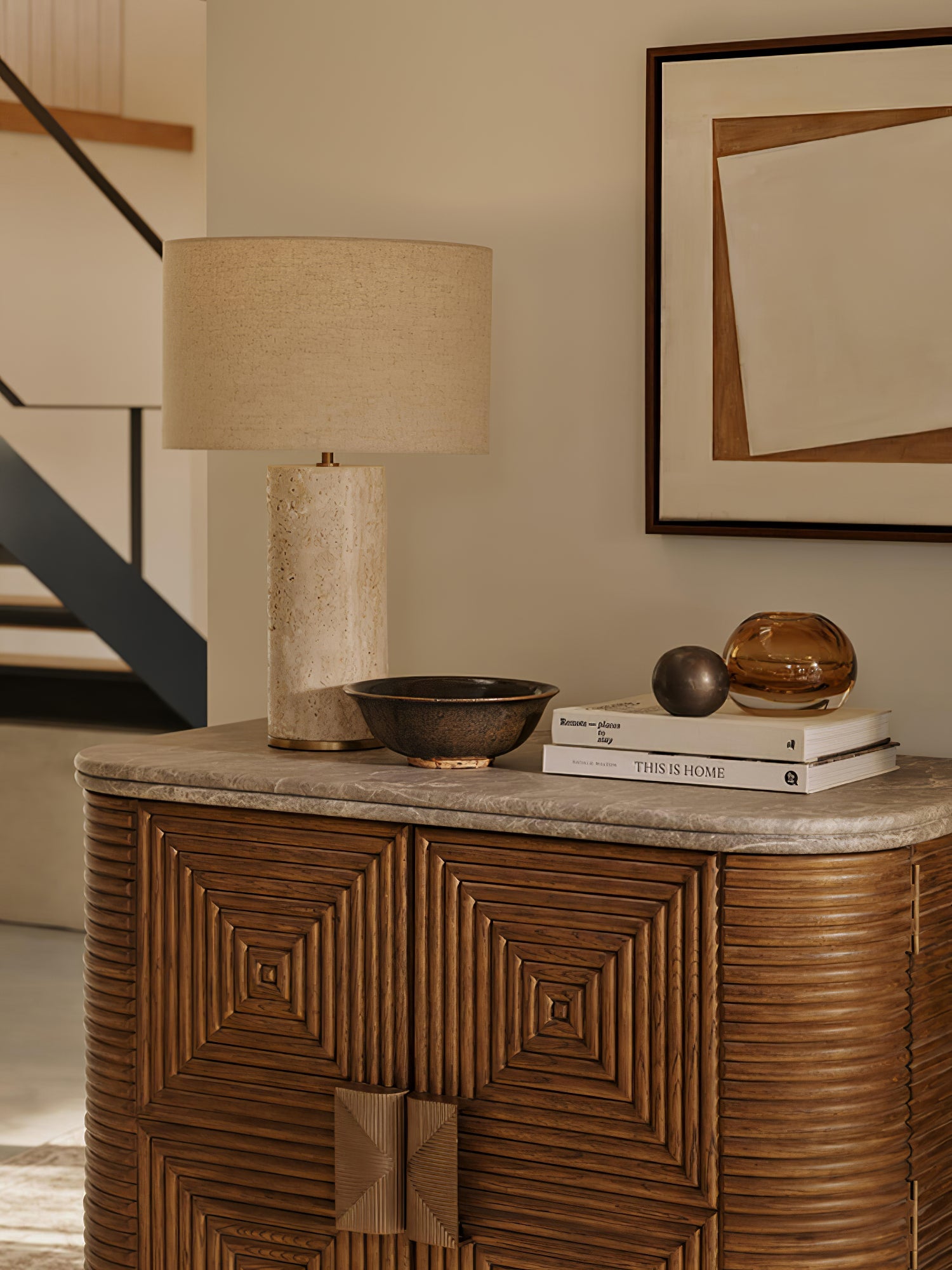 Lampe à poser moderne Hob en pierre, Marbre Travertin jaune et noir
