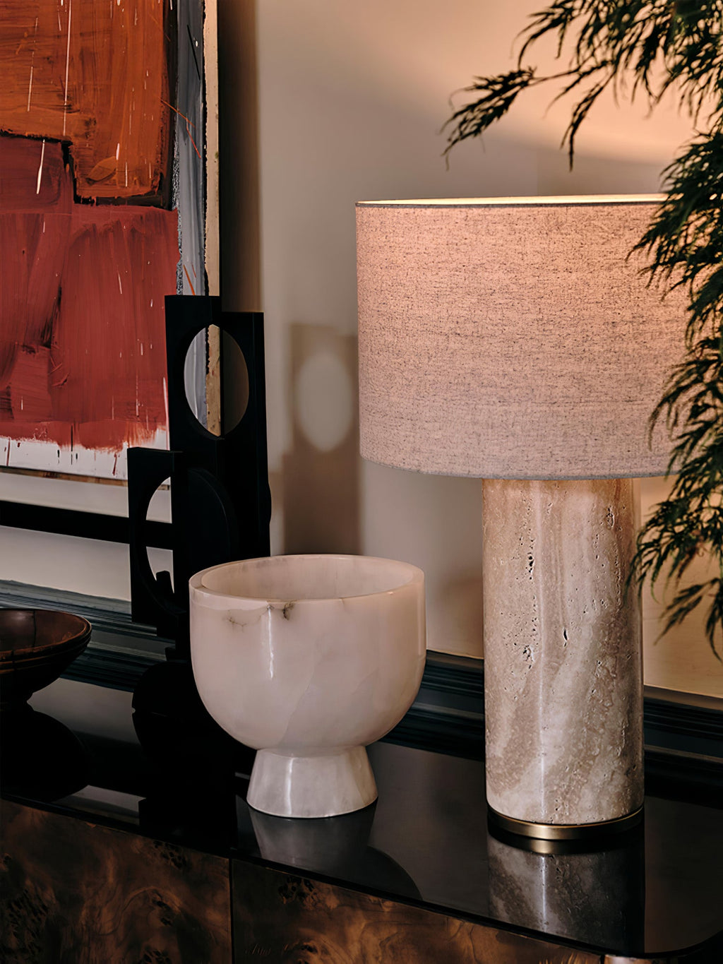 Lampe à poser moderne Hob en pierre, Travertin Vert marbre et noir