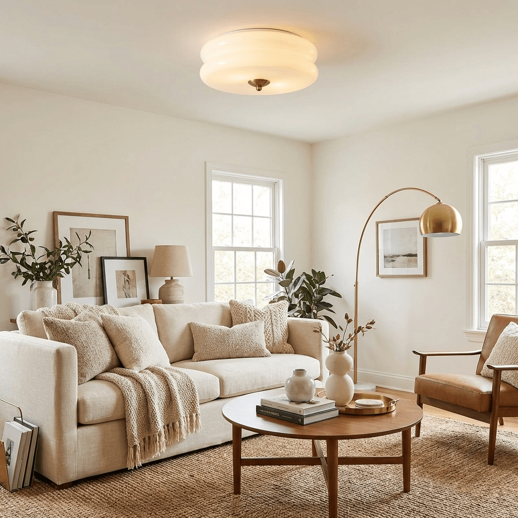 Plafonnier vintage Kean en Fer, Métal, Verre Chrome et beige