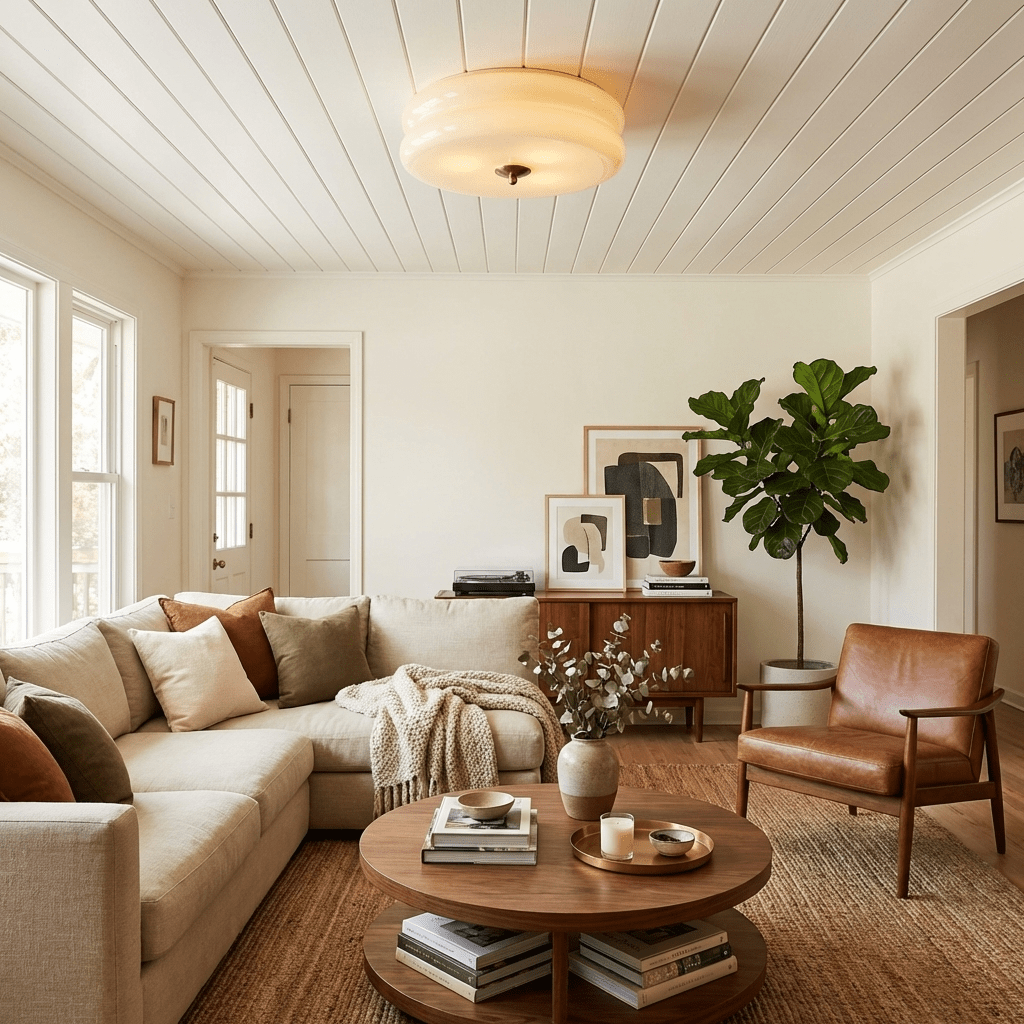 Plafonnier vintage Kean en Fer, Métal, Verre Chrome et beige