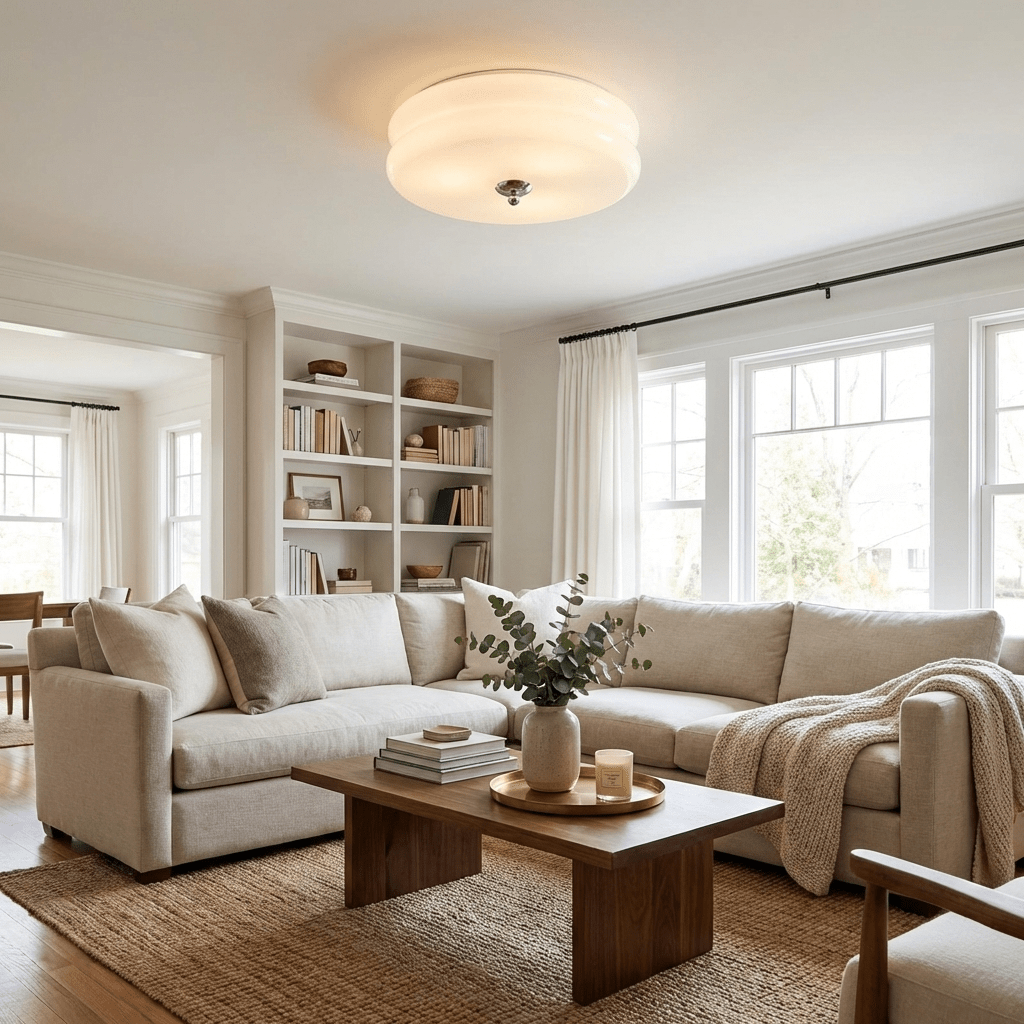 Plafonnier vintage Kean en Fer, Métal, Verre Chrome et beige