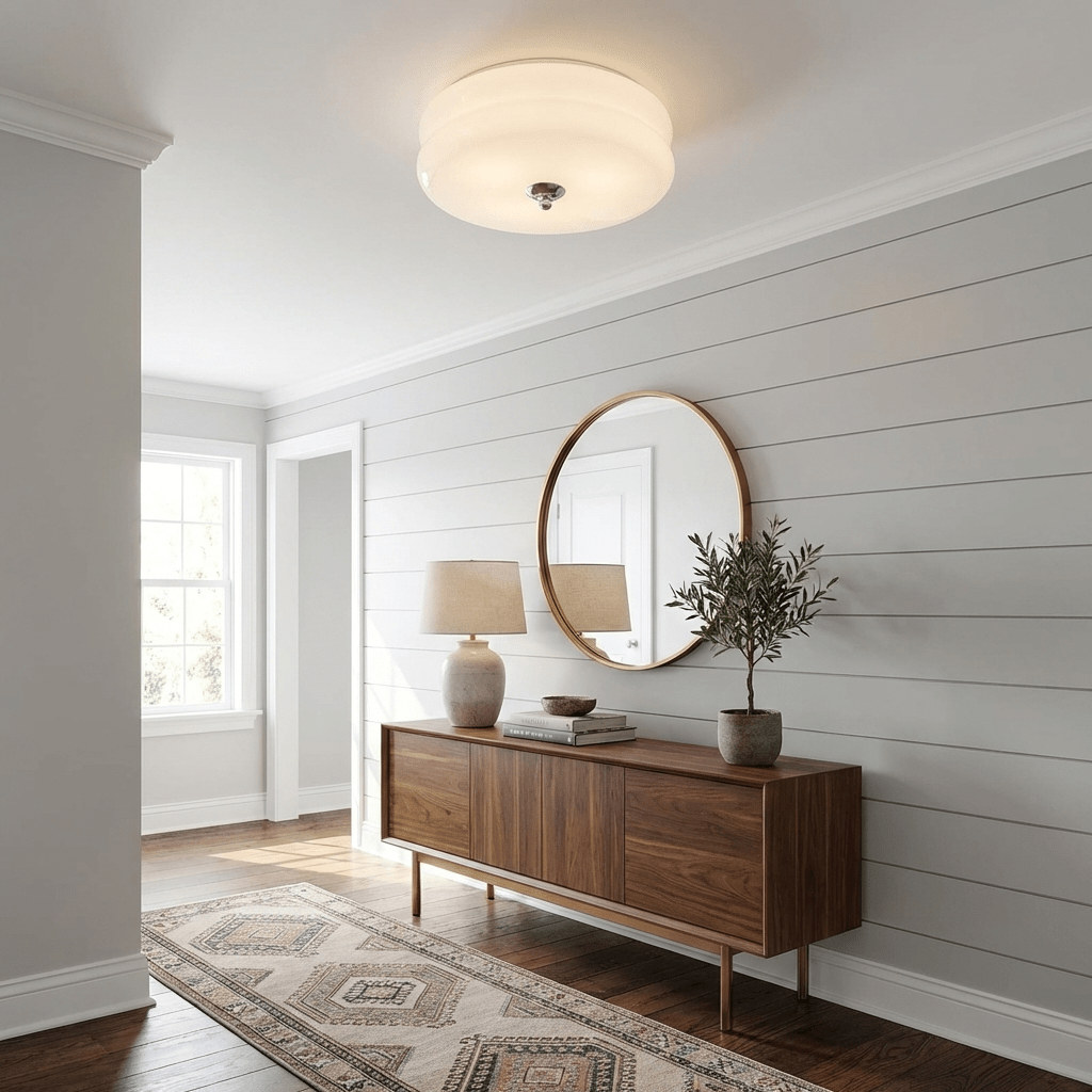 Plafonnier vintage Kean en Fer, Métal, Verre Chrome et beige