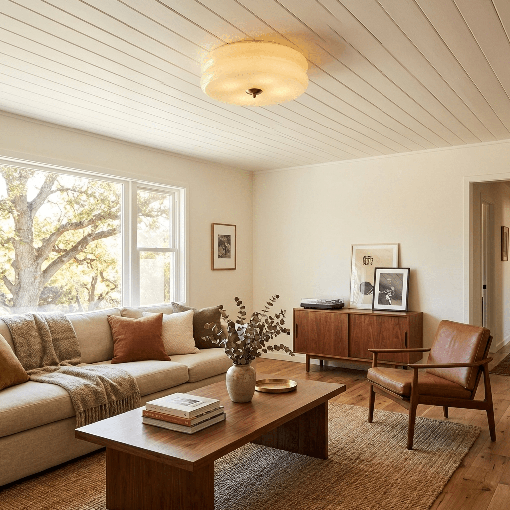 Plafonnier vintage Kean en Fer, Métal, Verre Chrome et beige