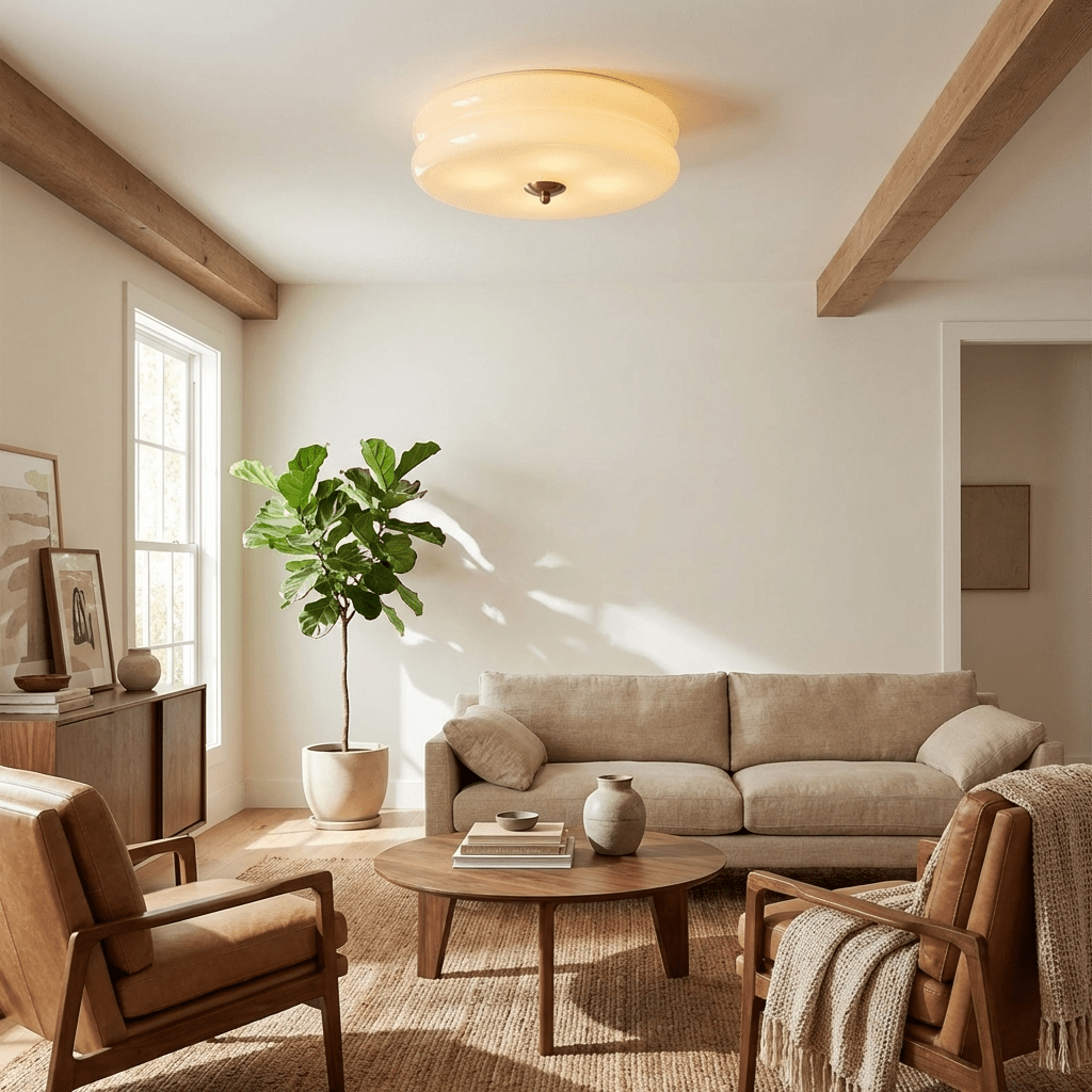 Plafonnier vintage Kean en Fer, Métal, Verre Chrome et beige