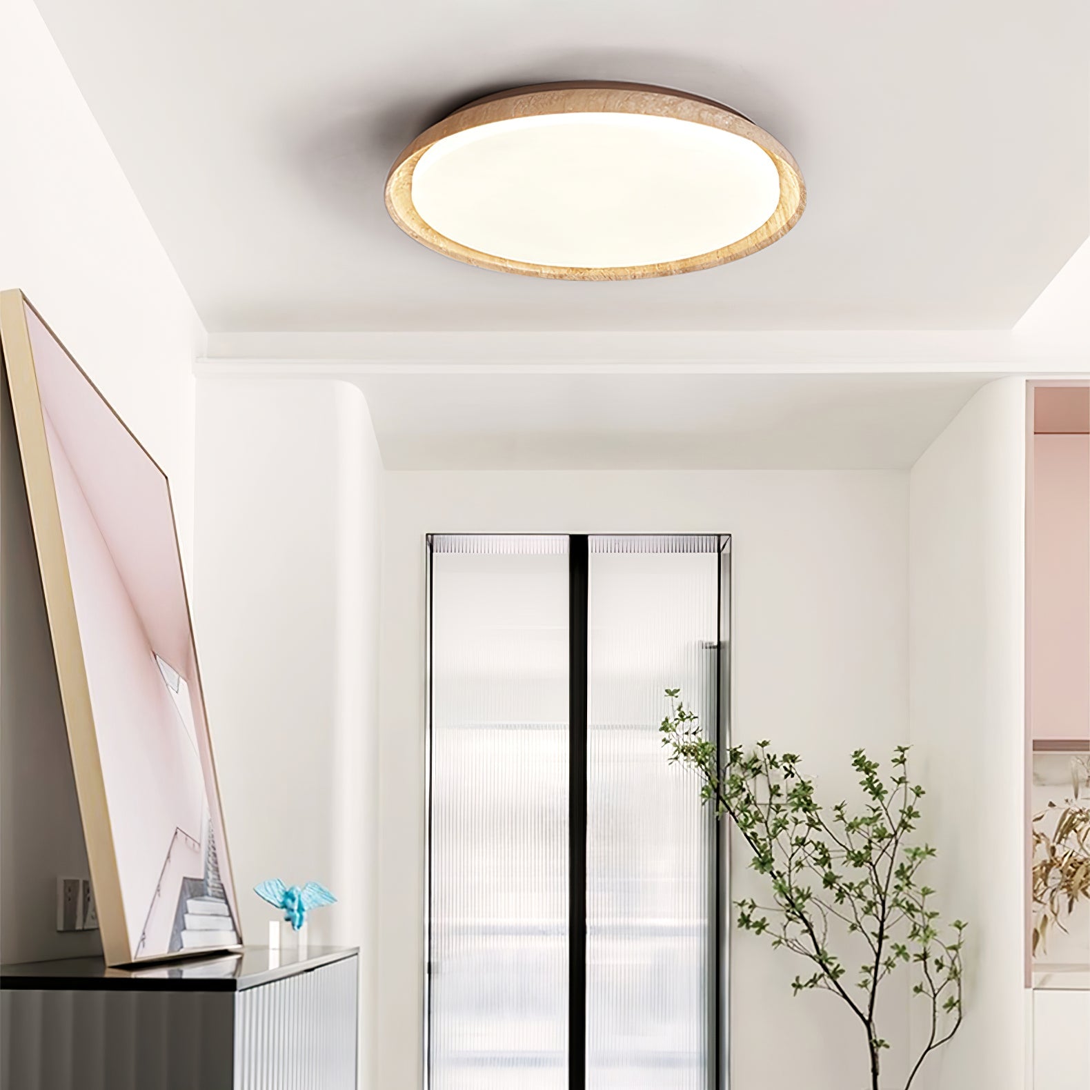 Plafonnier moderne Edmond en Travertin jaune et noyer
