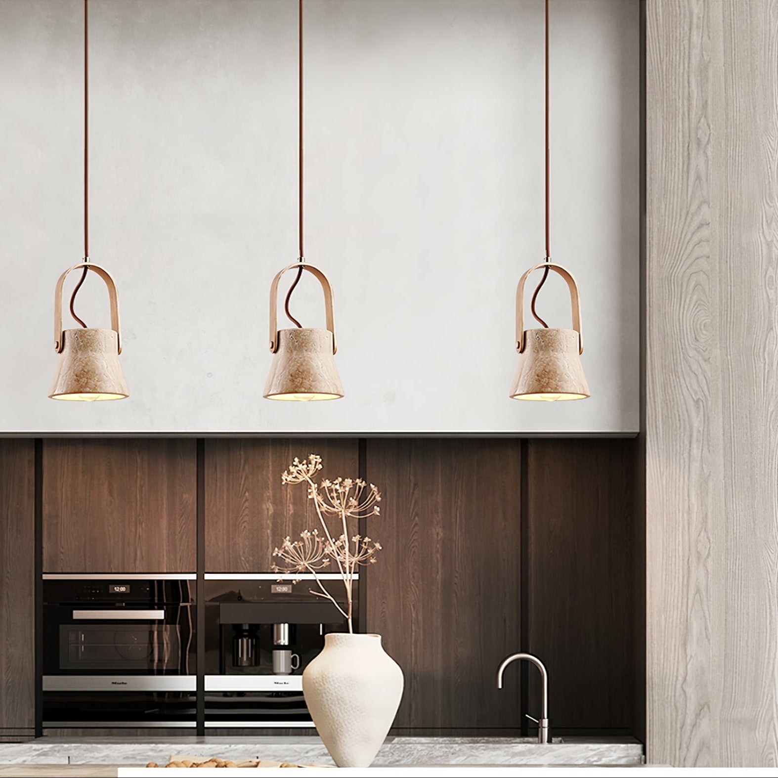 Suspension moderne Birk en Bois et travertin jaune