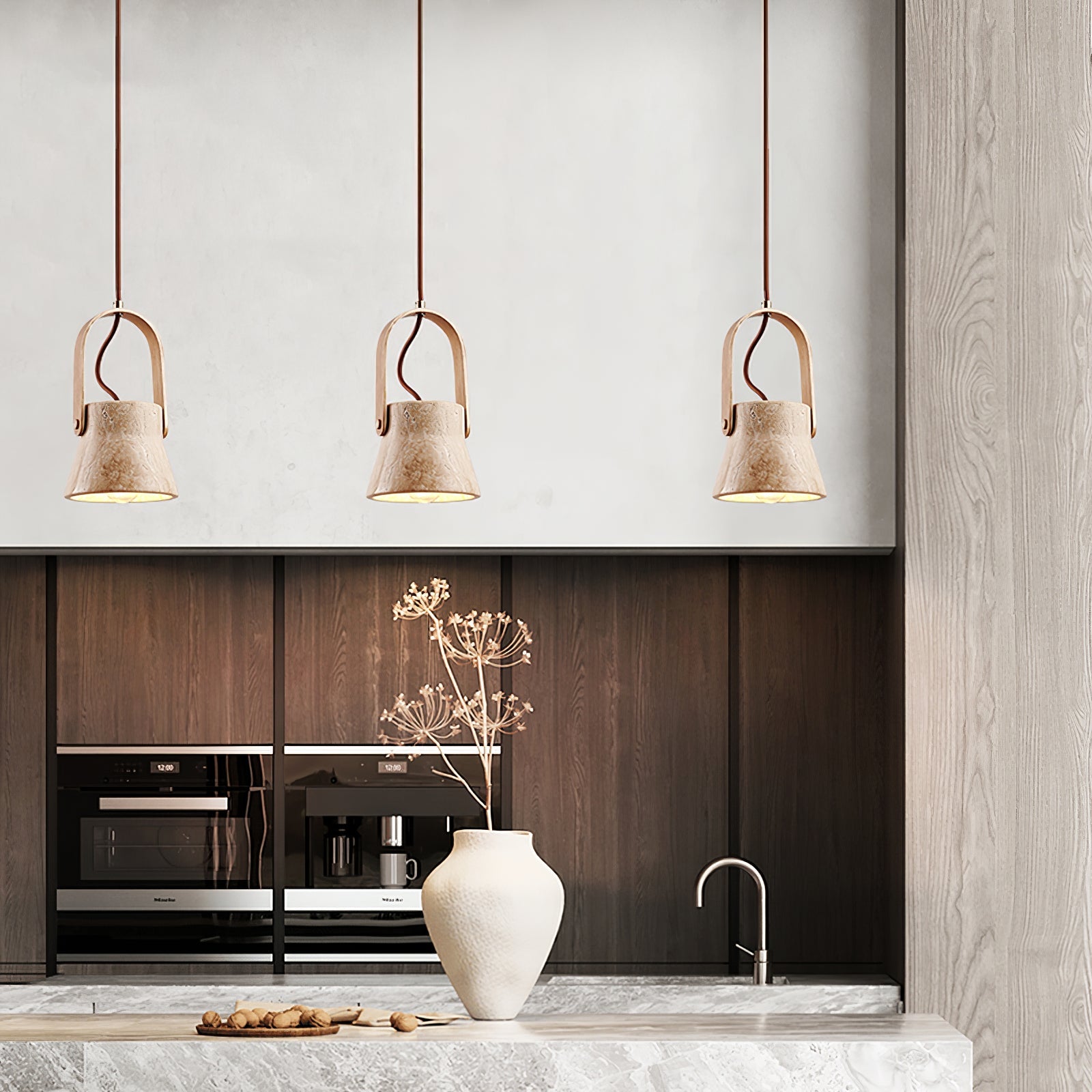 Suspension moderne Birk en Bois et travertin jaune
