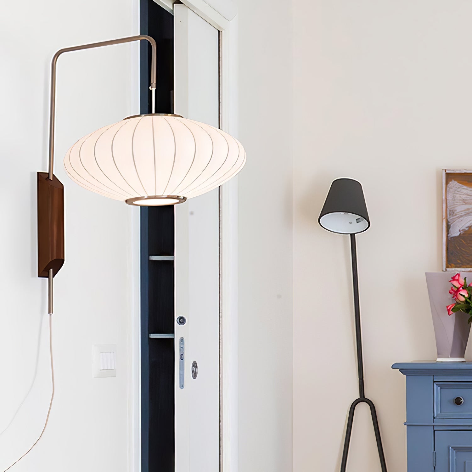 Applique murale moderne Tarjei en Polymer, Acier, Métal Blanc et noyer bois
