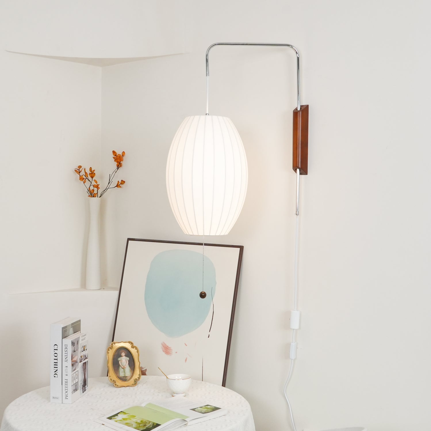 Applique murale moderne Tarjei en Polymer, Acier, Métal Blanc et noyer bois