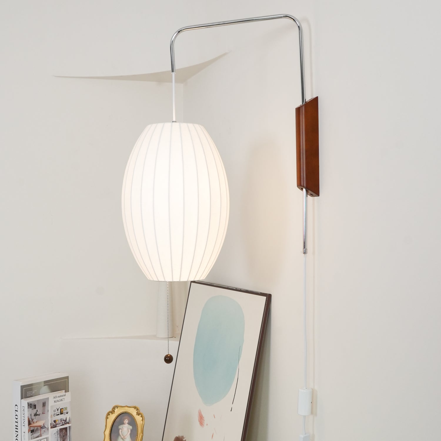 Applique murale moderne Tarjei en Polymer, Acier, Métal Blanc et noyer bois
