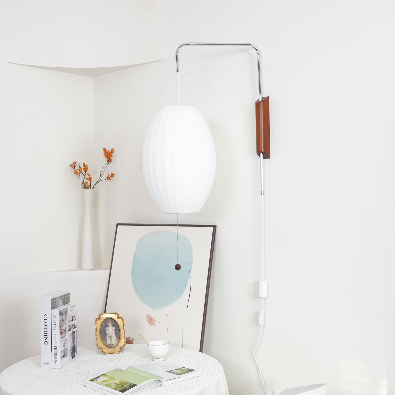 Applique murale moderne Tarjei en Polymer, Acier, Métal Blanc et noyer bois