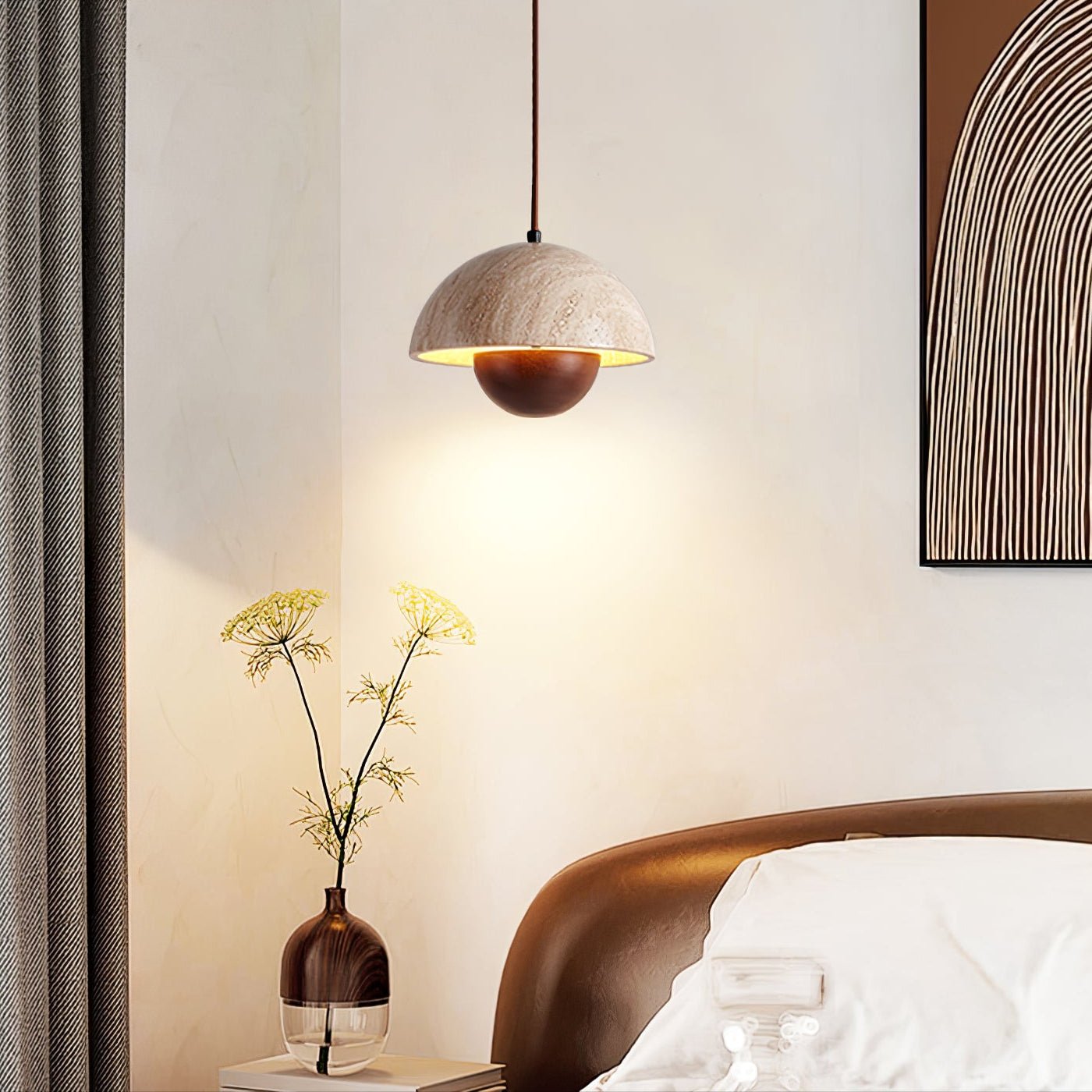 Suspension moderne Cob en Noyer et travertin jaune