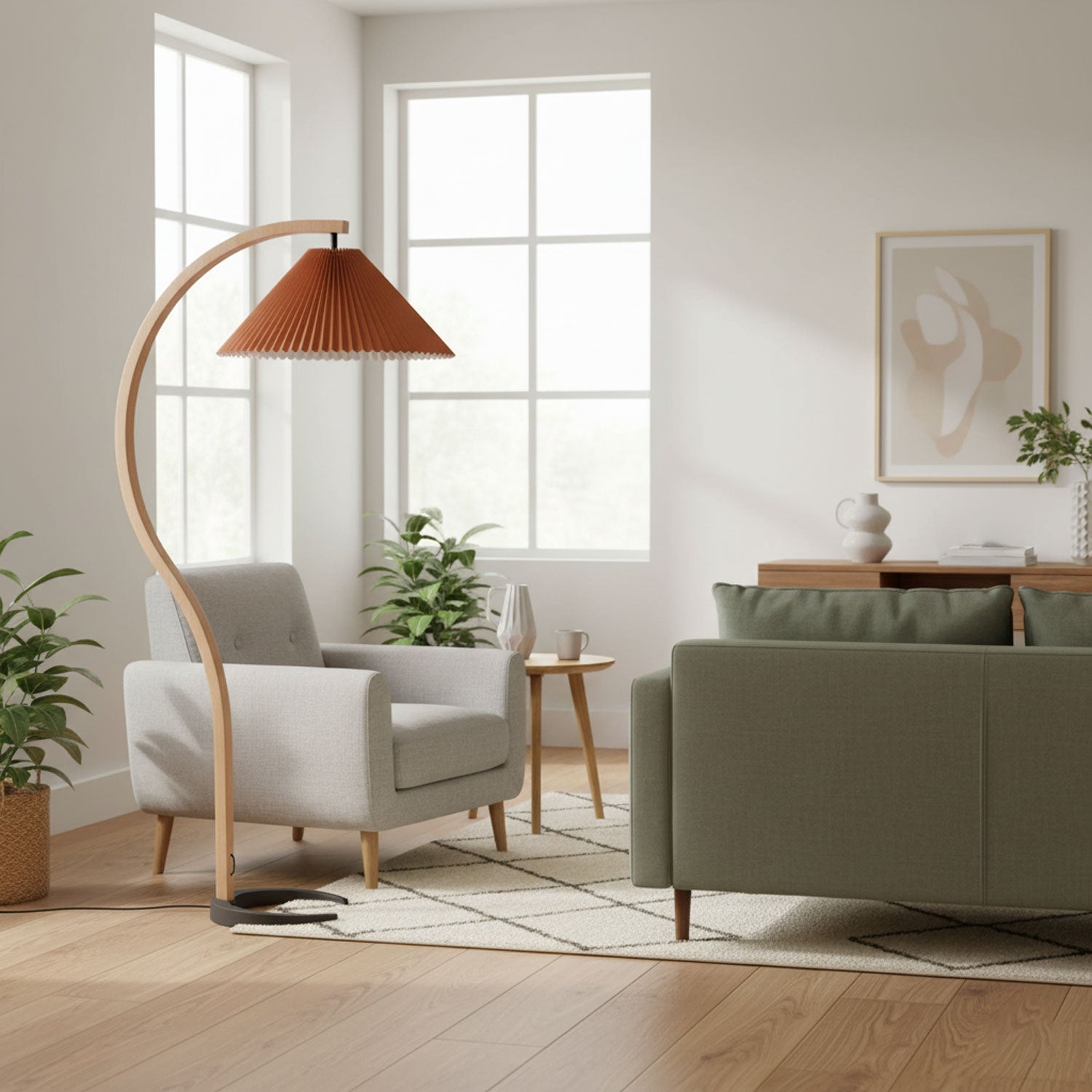 Lampadaire moderne Etan en Métal, Lin Hêtre bois et blanc