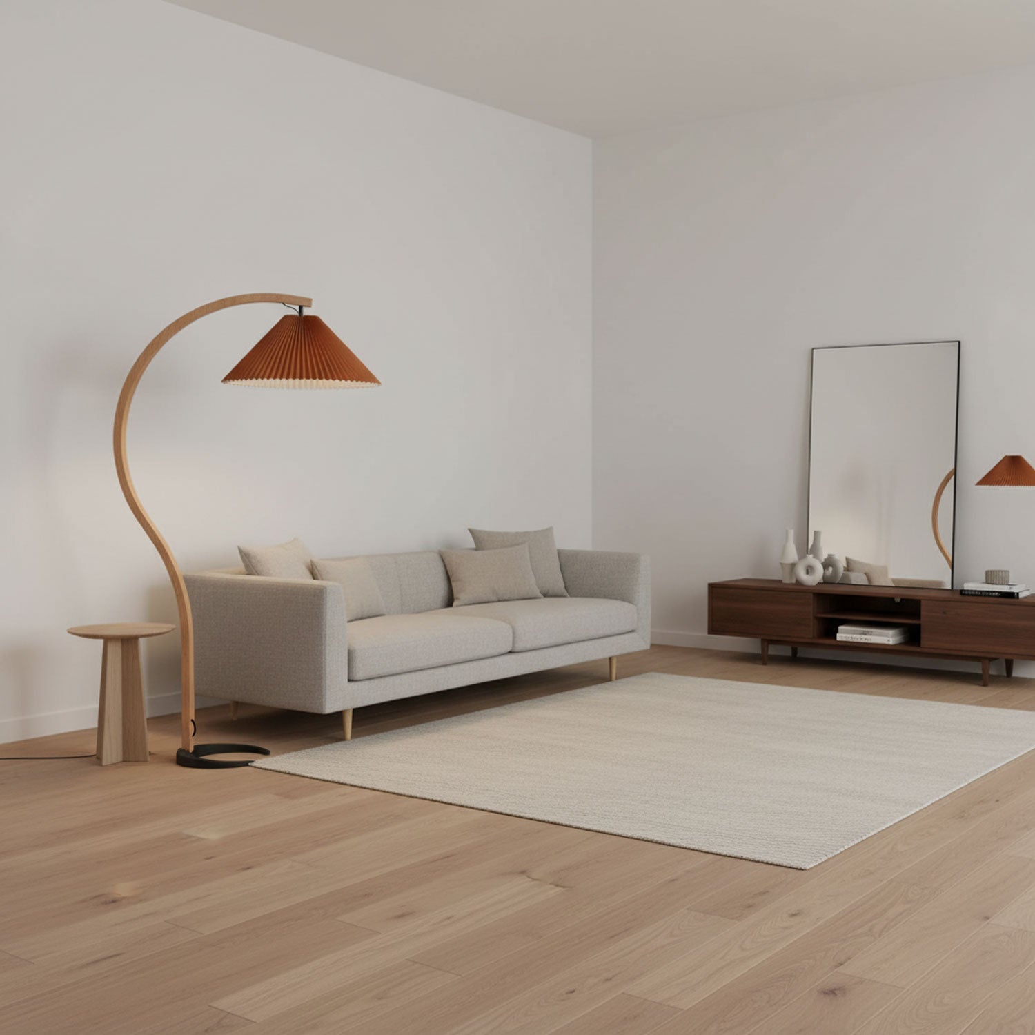 Lampadaire moderne Etan en Métal, Lin Hêtre bois et beige