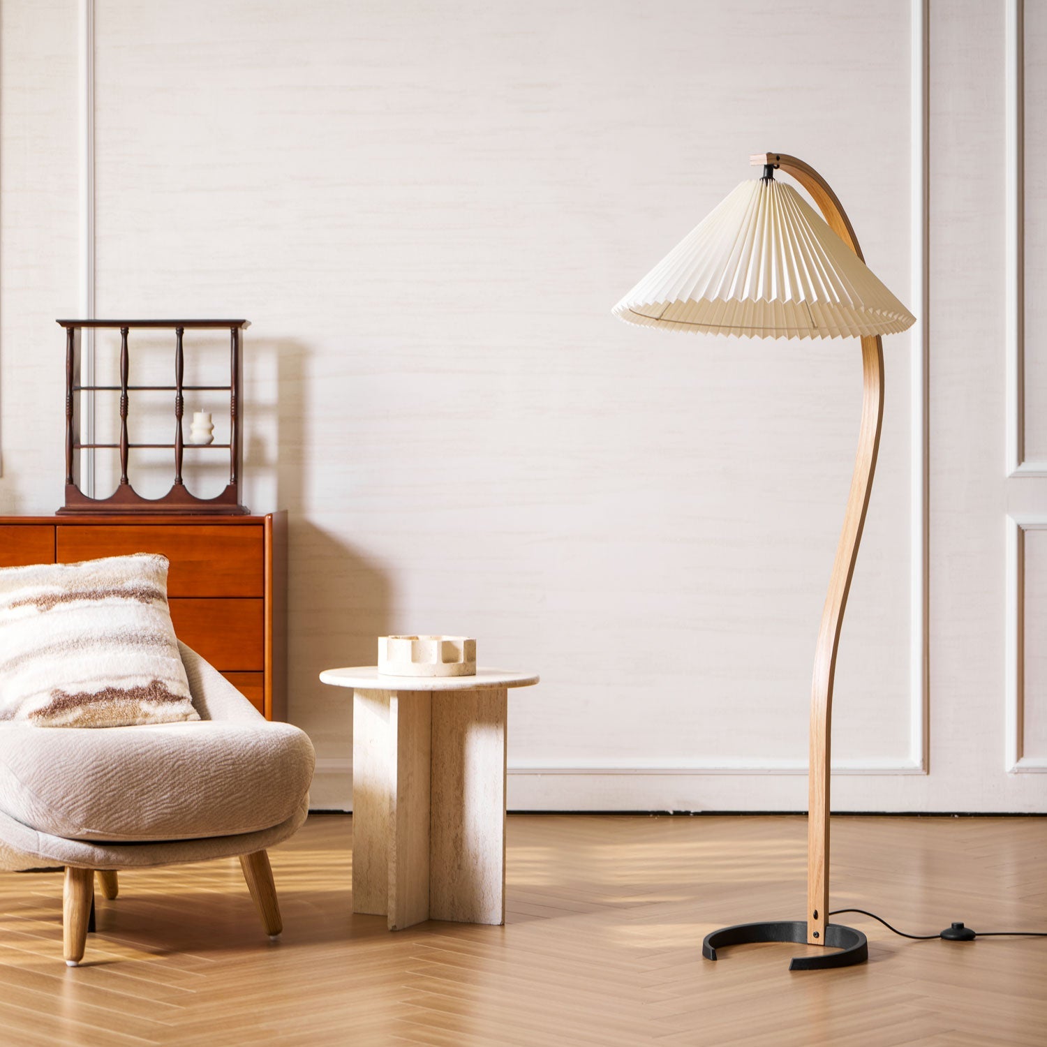 Lampadaire moderne Etan en Métal, Lin Hêtre bois et beige