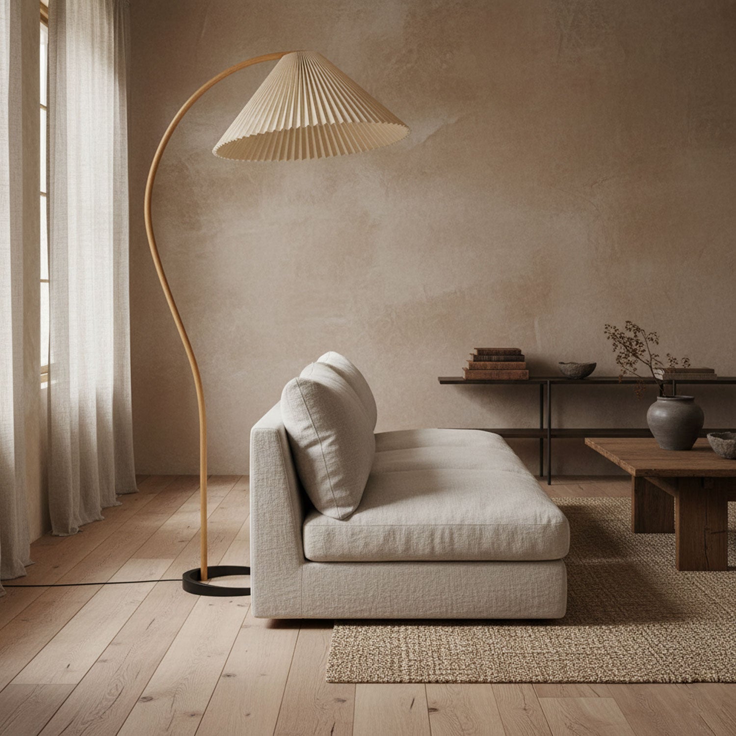 Lampadaire moderne Etan en Métal, Lin Hêtre bois et blanc