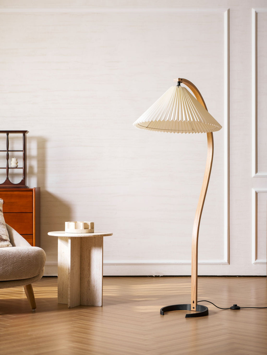 Lampadaire moderne Etan en Métal, Lin Hêtre bois et blanc