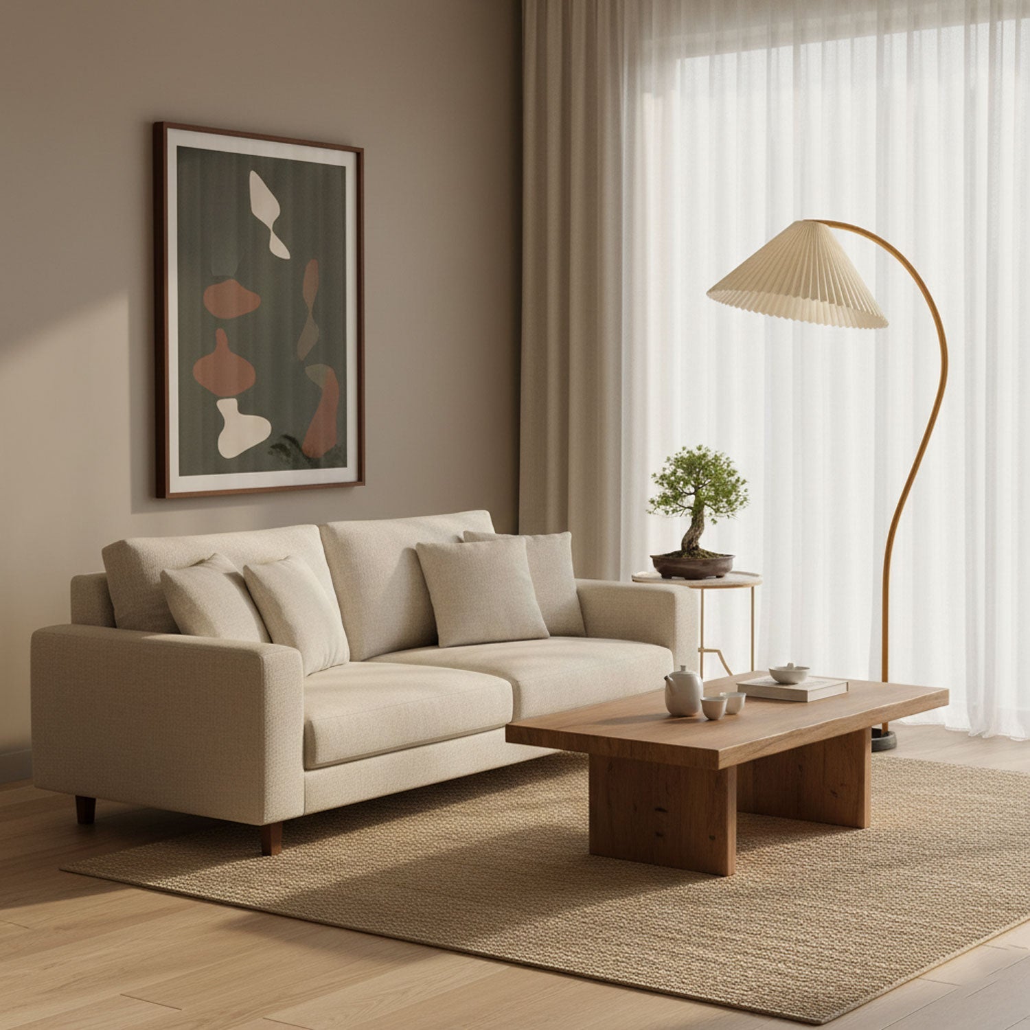 Lampadaire moderne Etan en Métal, Lin Hêtre bois et blanc
