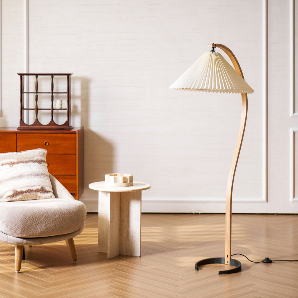 Lampadaire moderne Etan en Métal, Lin Hêtre bois et blanc