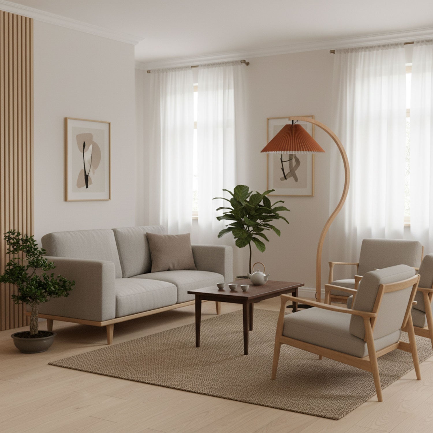 Lampadaire moderne Etan en Métal, Lin Hêtre bois et café