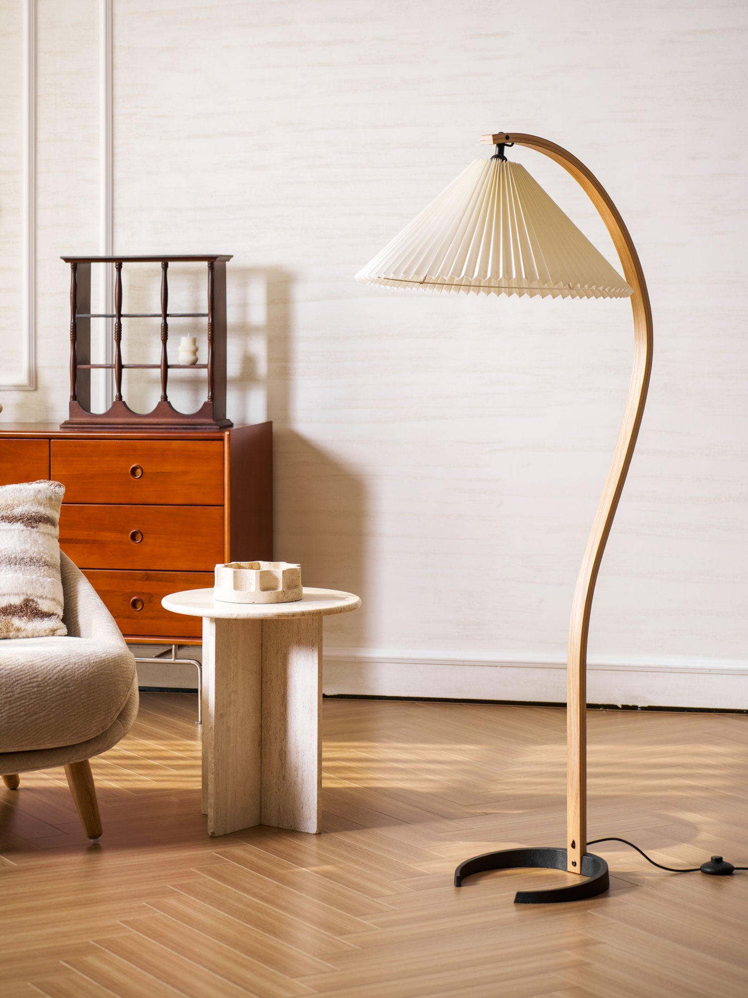 Lampadaire moderne Etan en Métal, Lin Hêtre bois et blanc