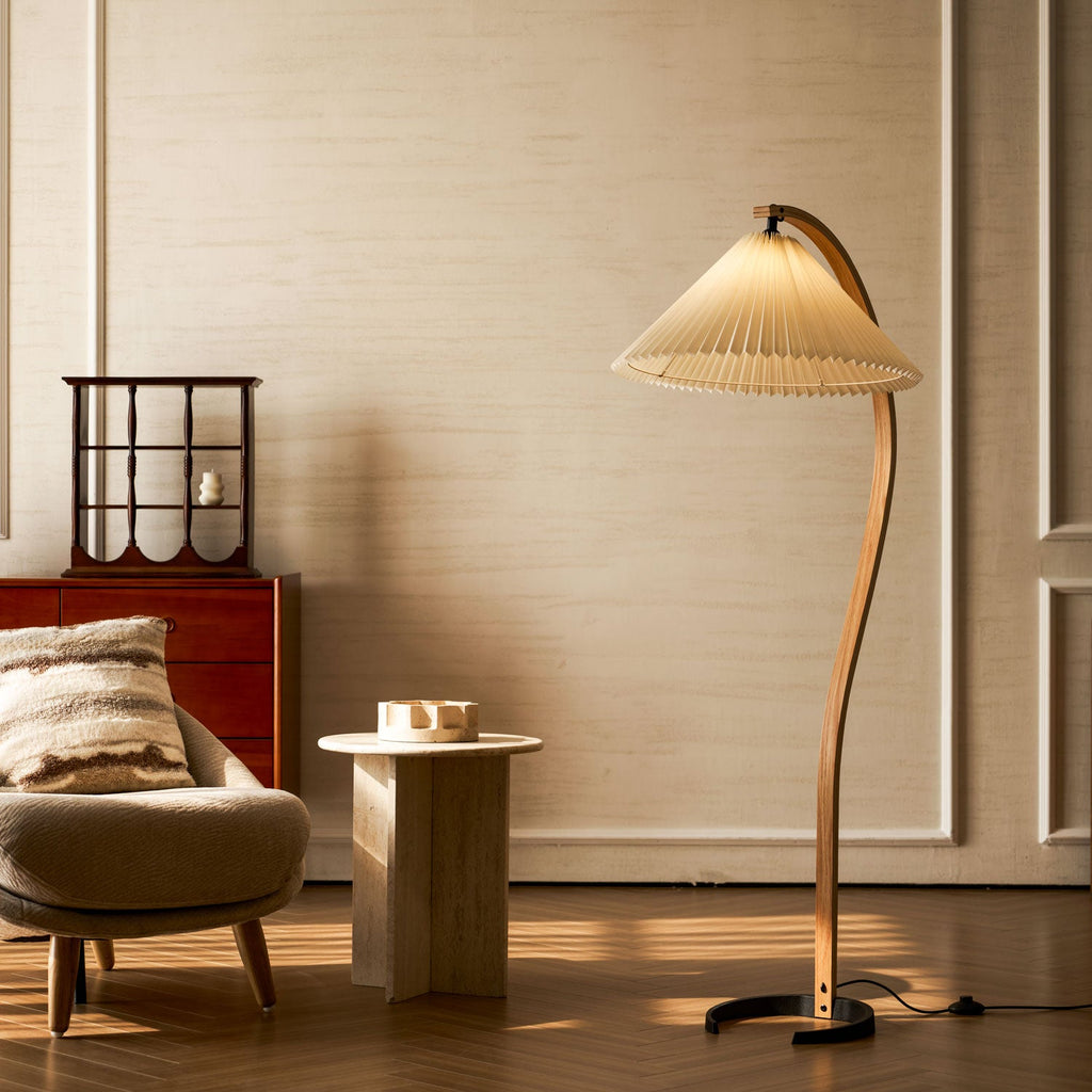 Lampadaire moderne Etan en Métal, Lin Hêtre bois et café