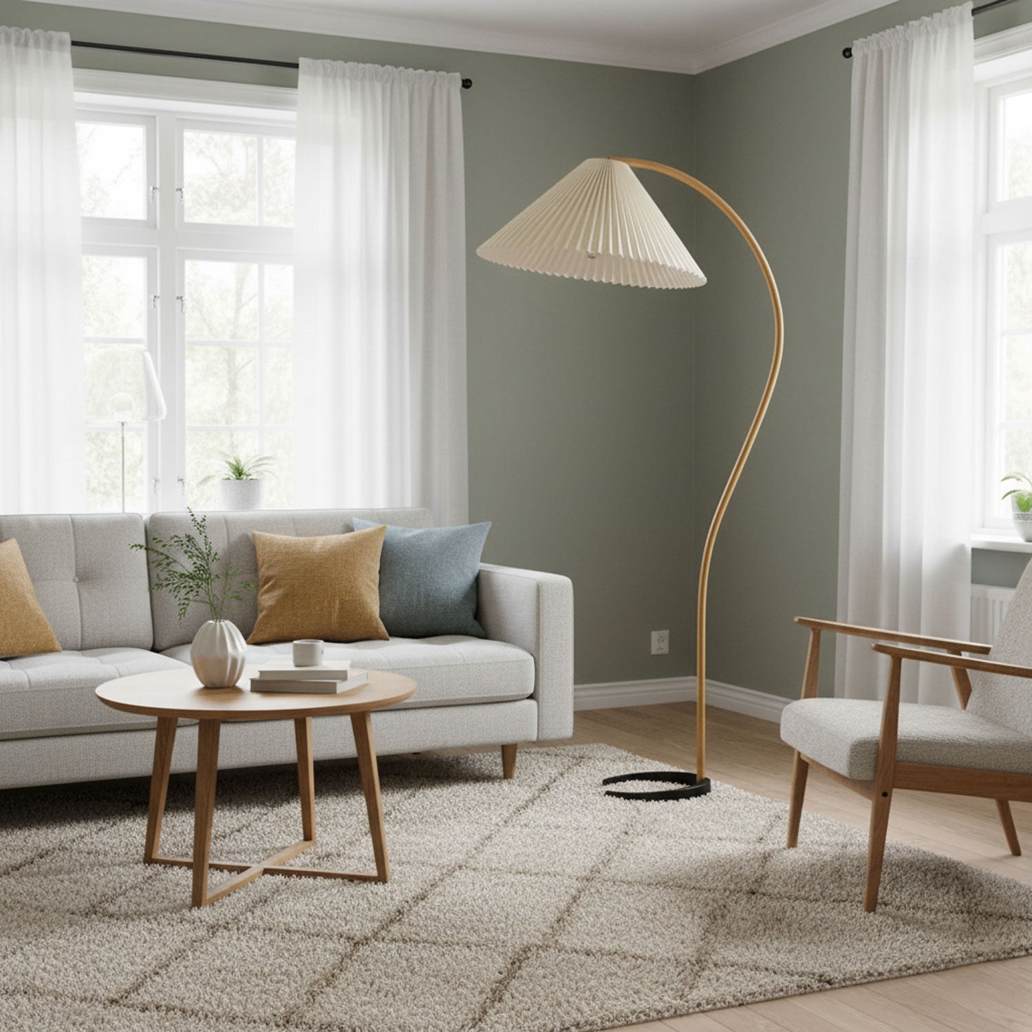 Lampadaire moderne Etan en Métal, Lin Hêtre bois et beige