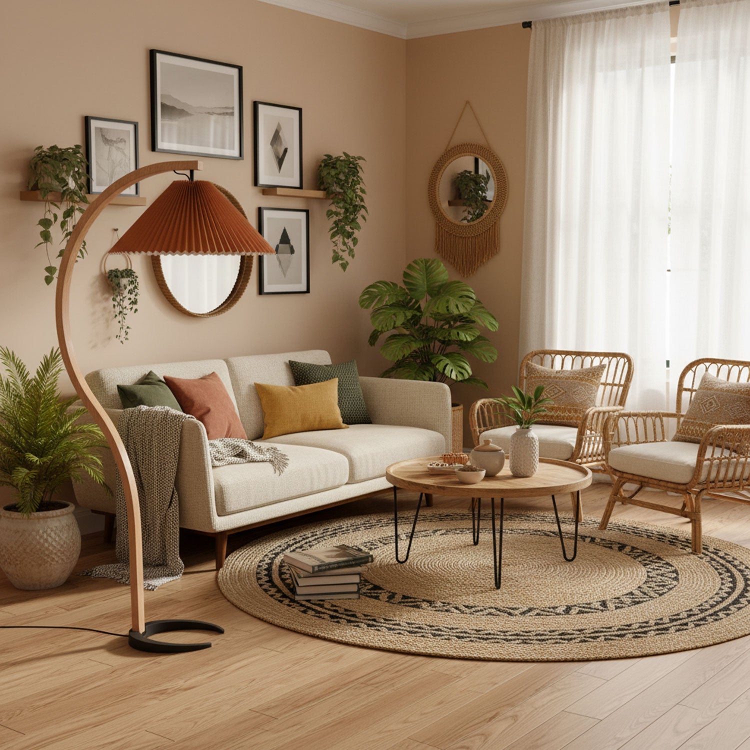 Lampadaire moderne Etan en Métal, Lin Hêtre bois et blanc