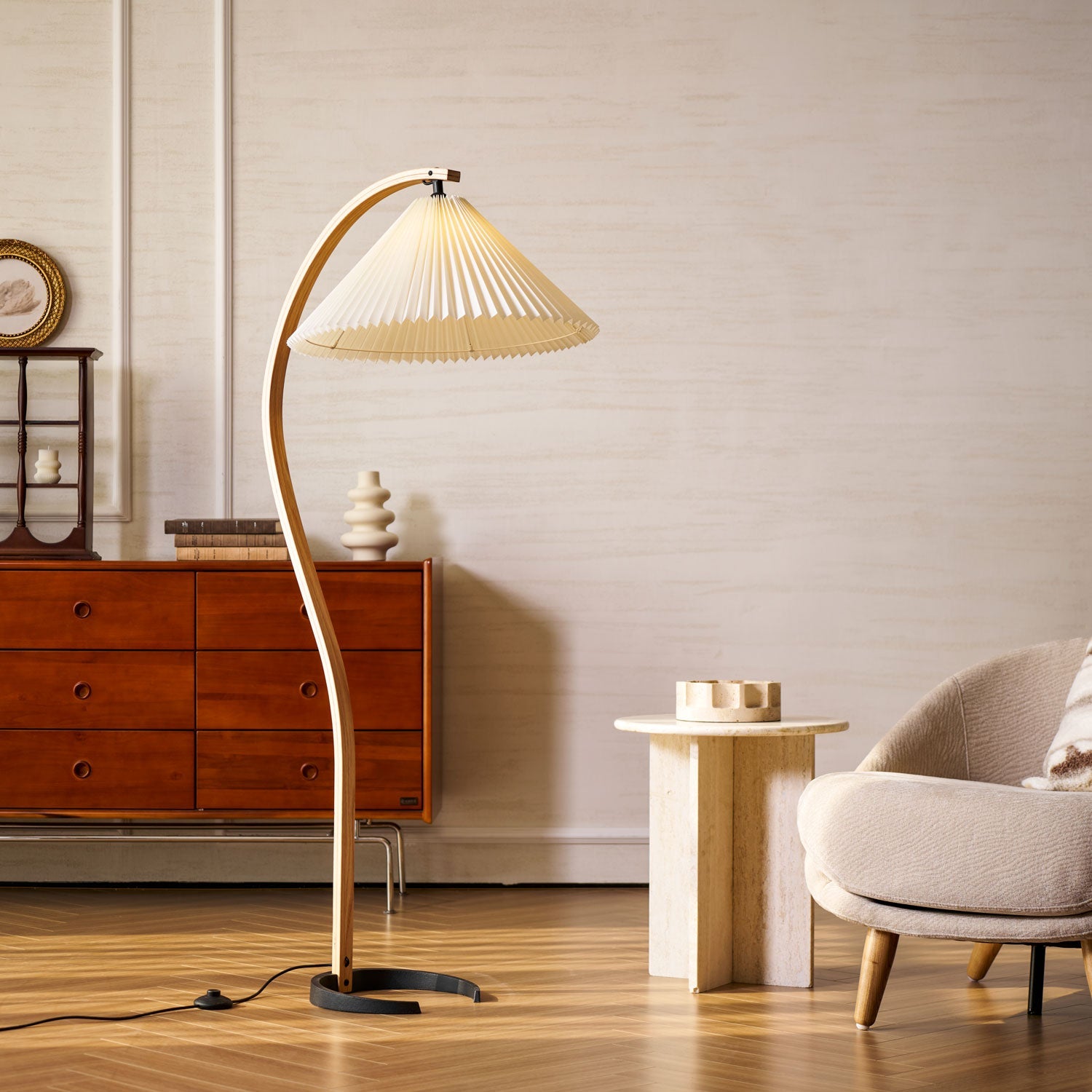 Lampadaire moderne Etan en Métal, Lin Hêtre bois et beige