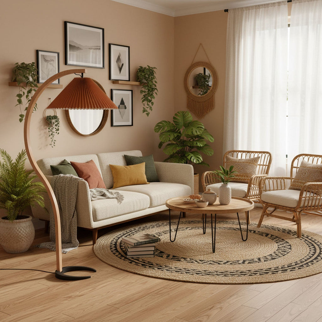 Lampadaire moderne Etan en Métal, Lin Hêtre bois et beige