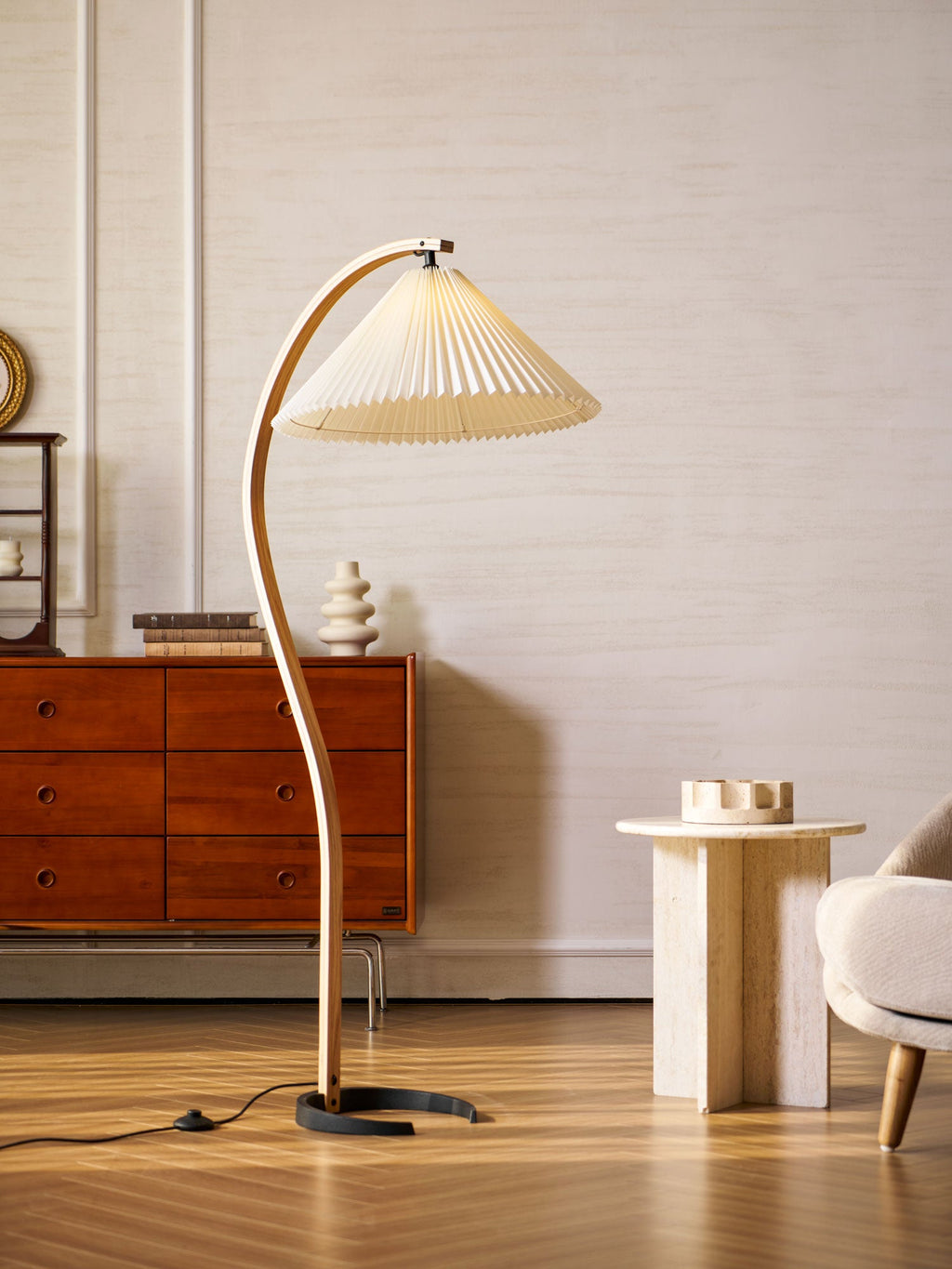 Lampadaire moderne Etan en Métal, Lin Hêtre bois et blanc