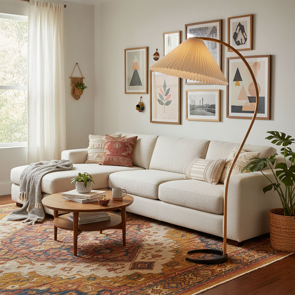 Lampadaire moderne Etan en Métal, Lin Hêtre bois et blanc