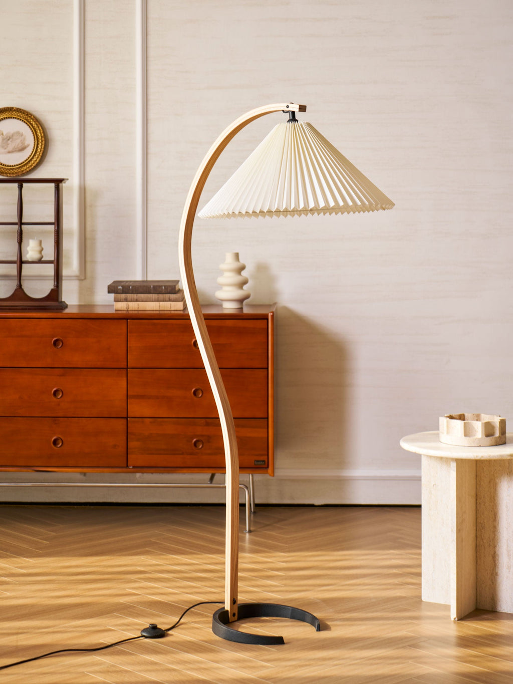 Lampadaire moderne Etan en Métal, Lin Hêtre bois et blanc